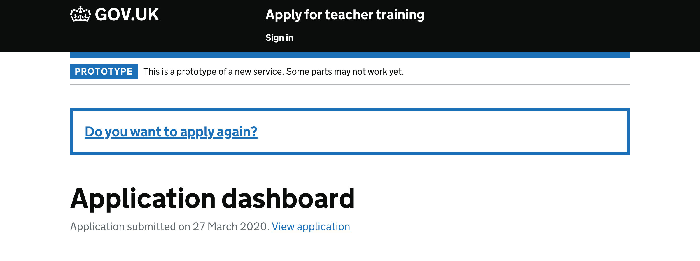Screenshot of ‘Application dashboard’ with banner asking candidate if they want to apply again.