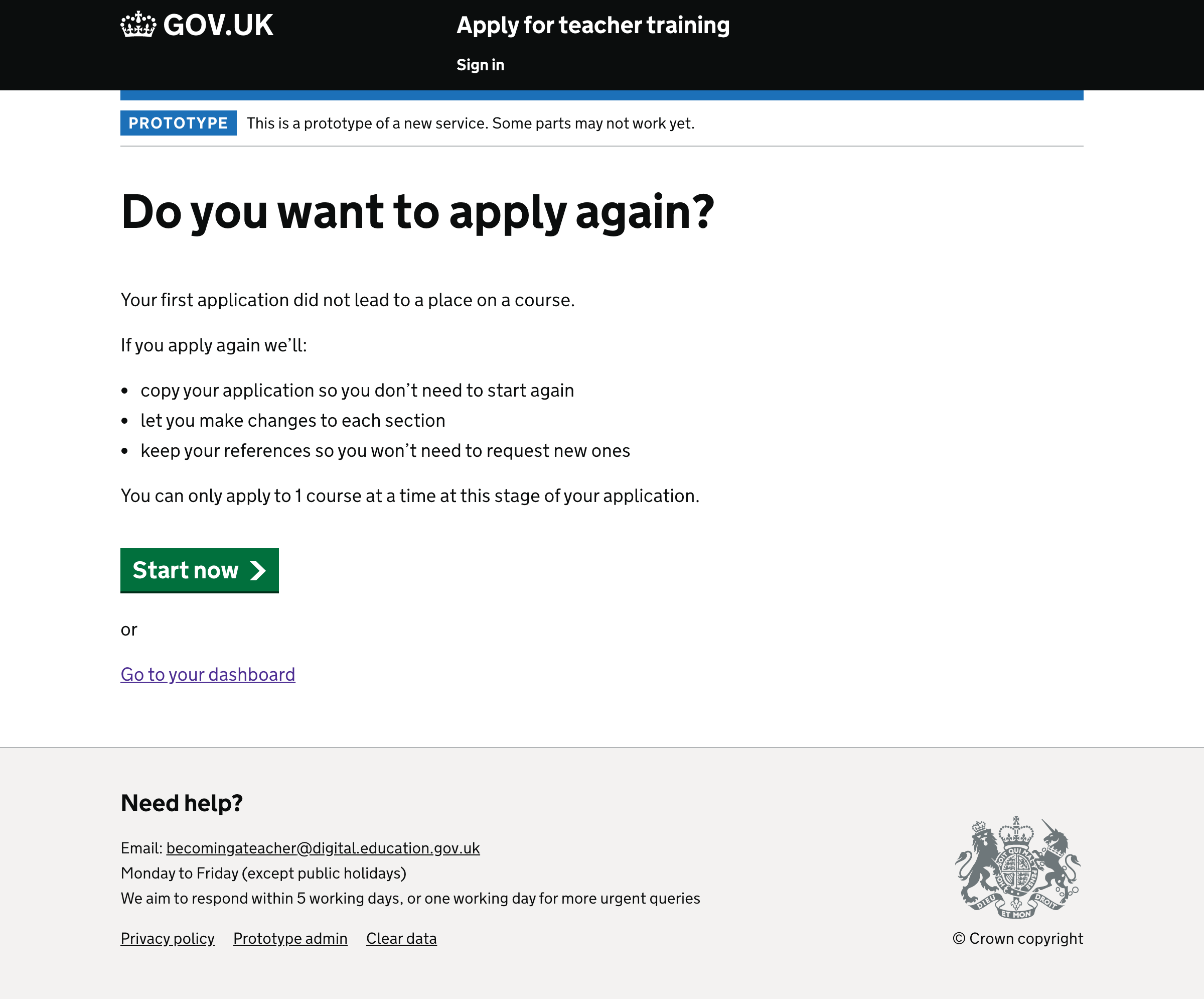 Screenshot of interstitial page explaining to candidate how applying again works.