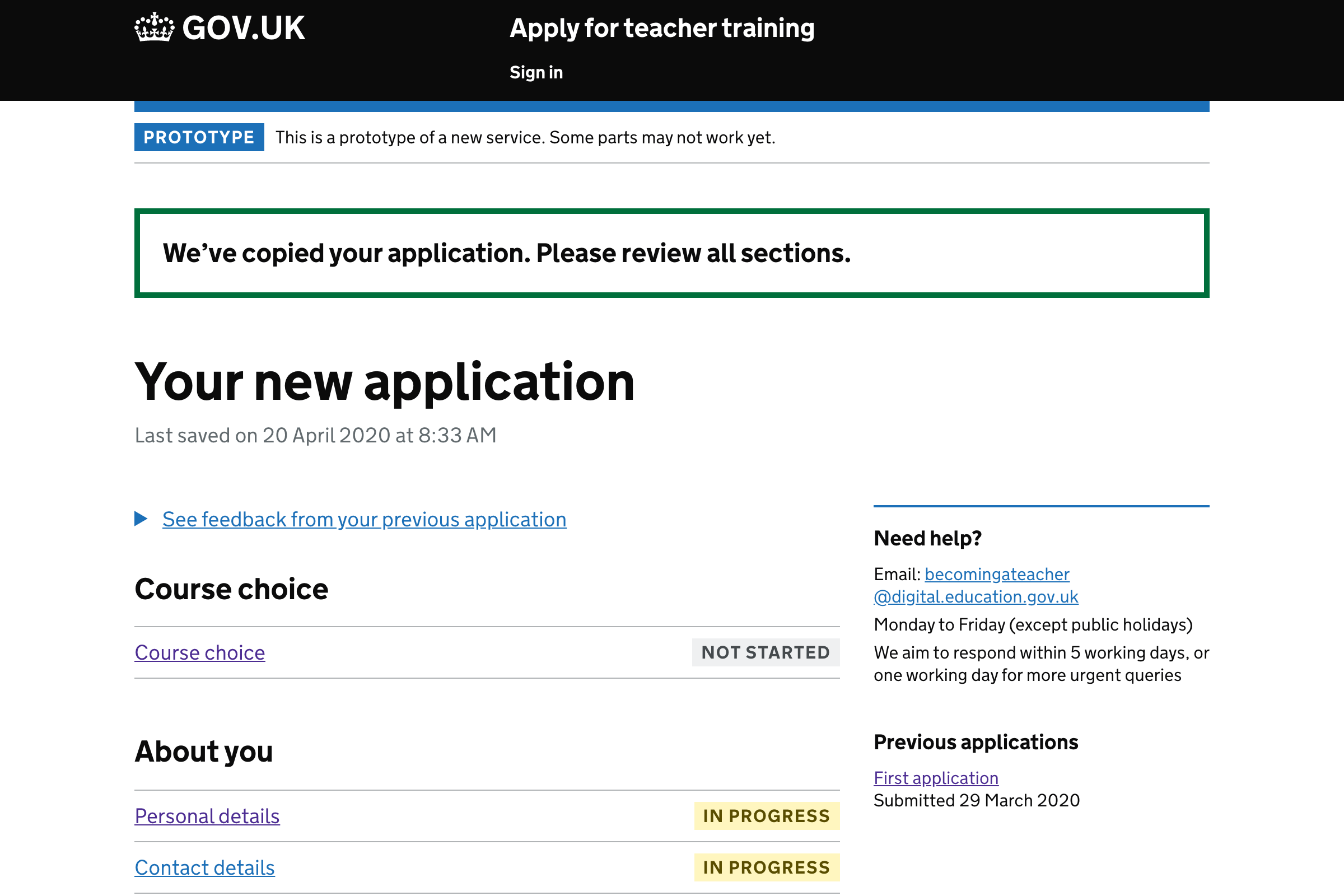 Screenshot of ‘Your new application’ page with banner that informs the candidate that we’ve copied their application.