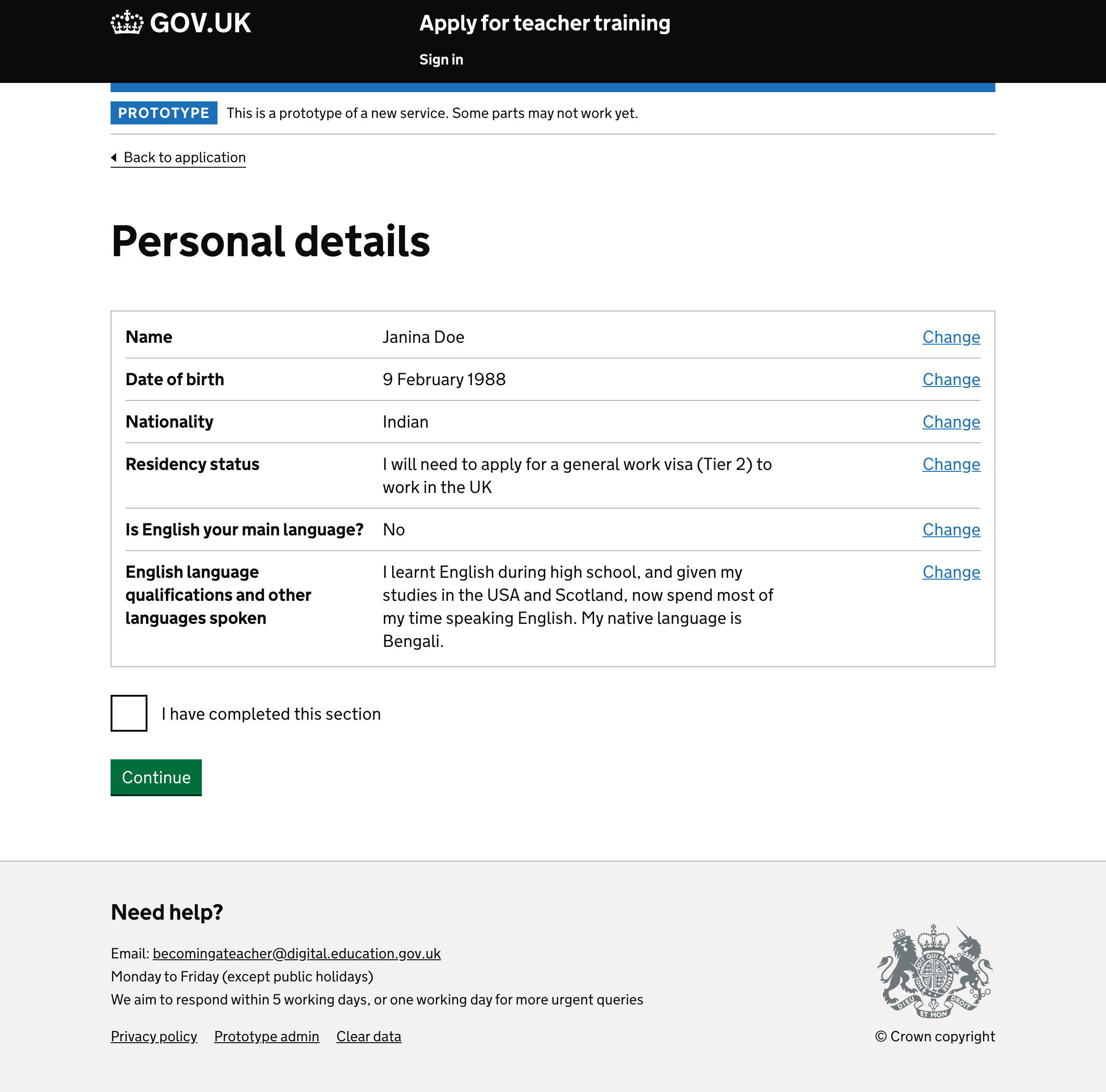 Personal details review page