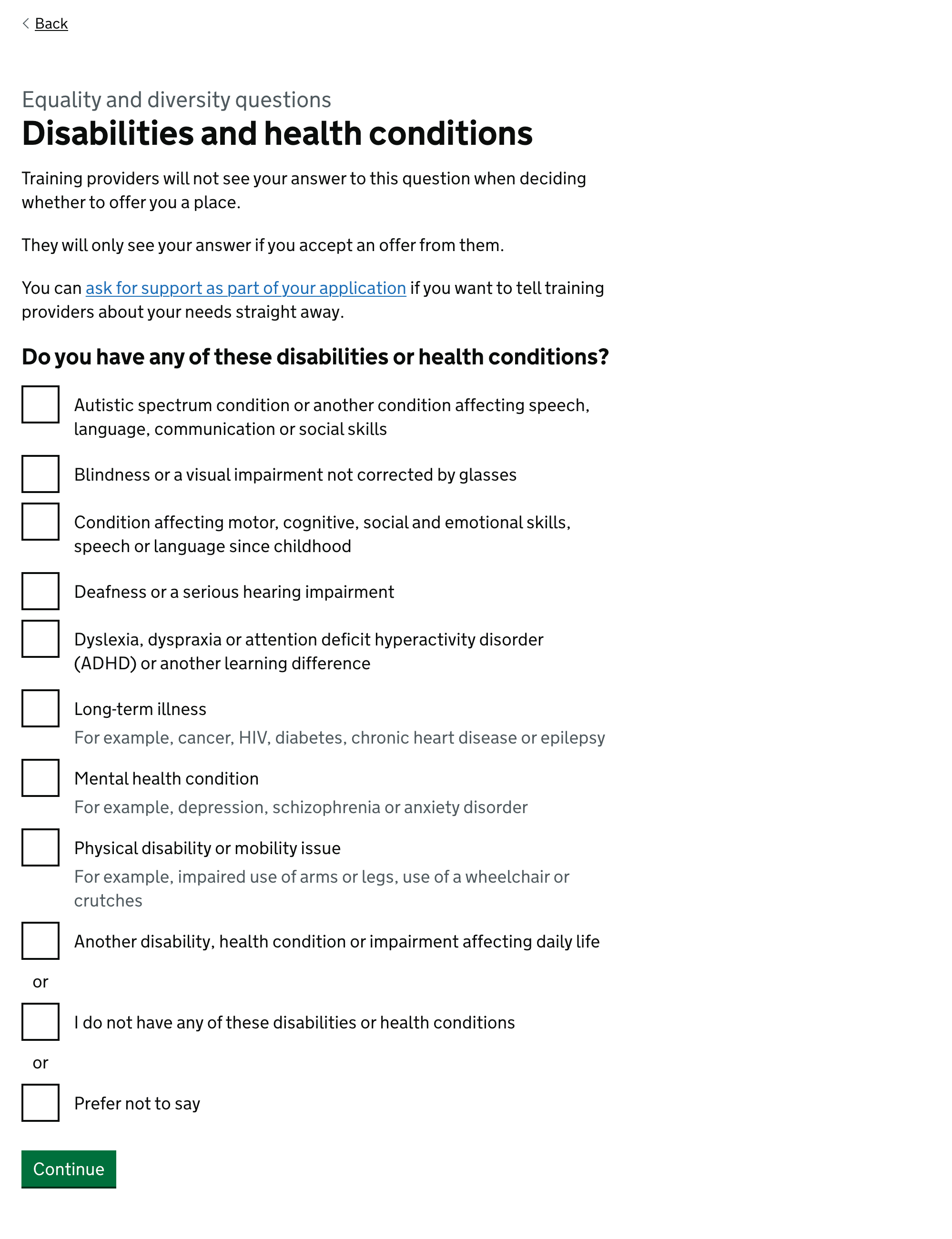 Screenshot showing page with the question ‘Do you have any of these disabilities or health conditions?’