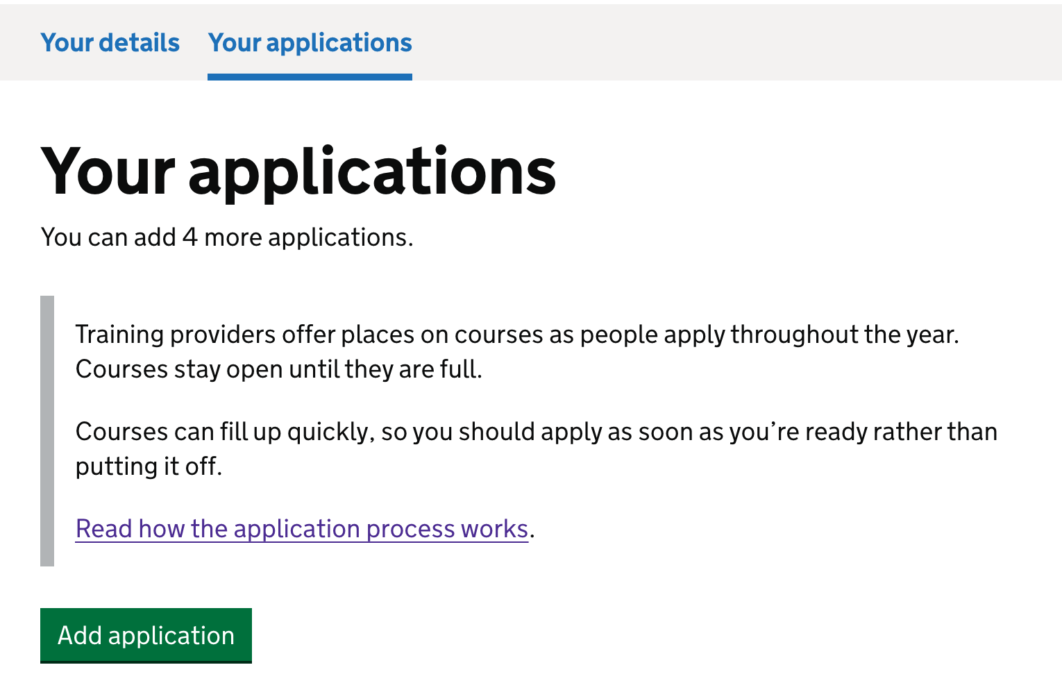 Screenshot of the 'Your applications' tab showing candidates they can add an application by selecting a green button.