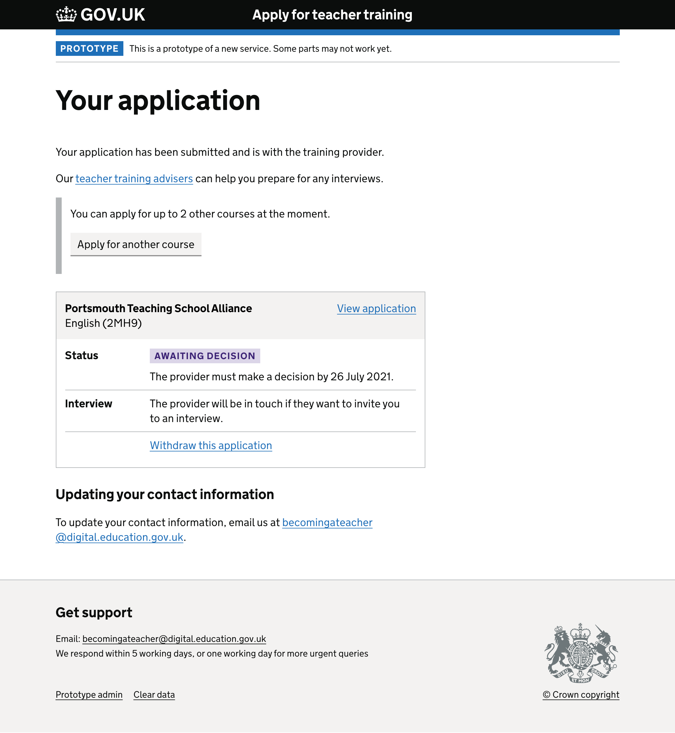 Screenshot of post-submission dashboard showing ‘apply for another course’.