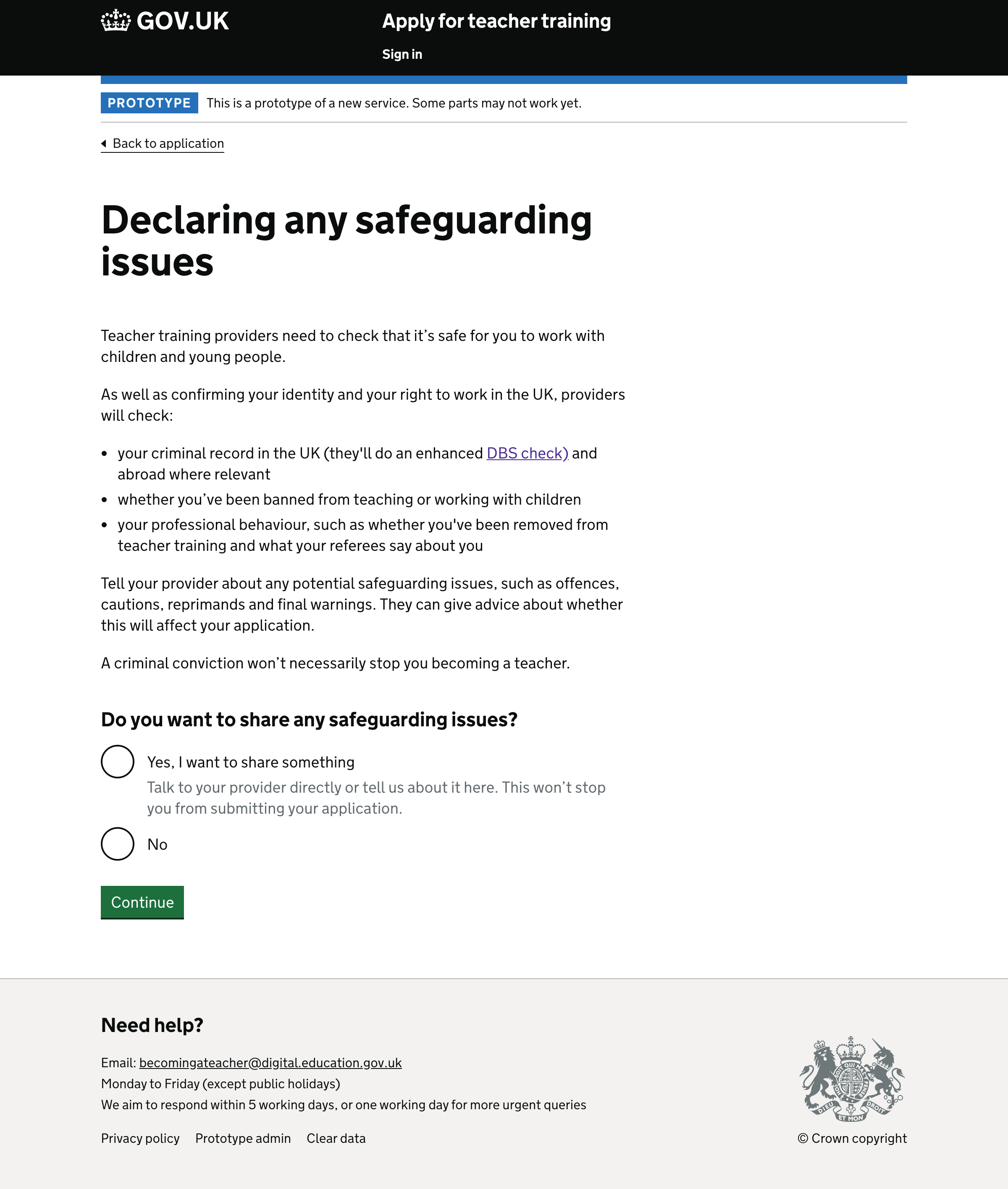 Screenshot of new design for declaring any safeguarding issues.