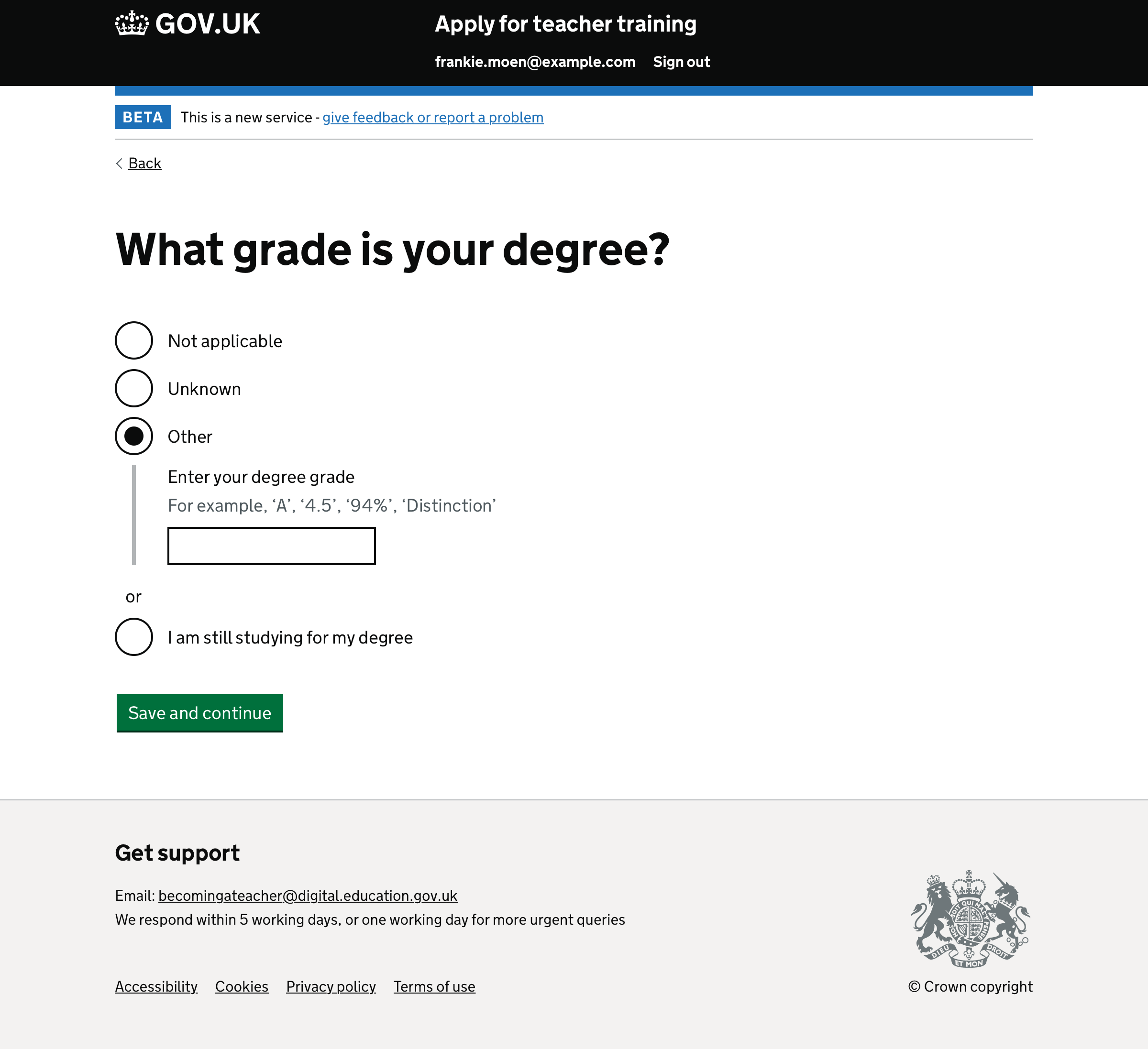 Screenshot of ‘What grade is your international degree?’ question.