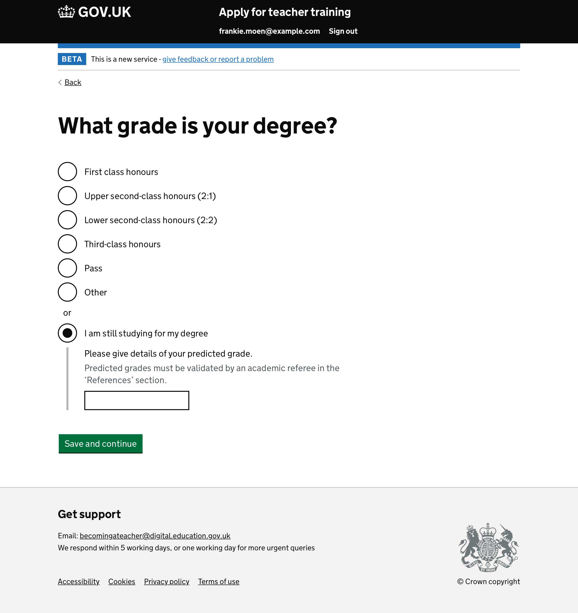 Screenshot of ‘What grade is your degree?’ question.