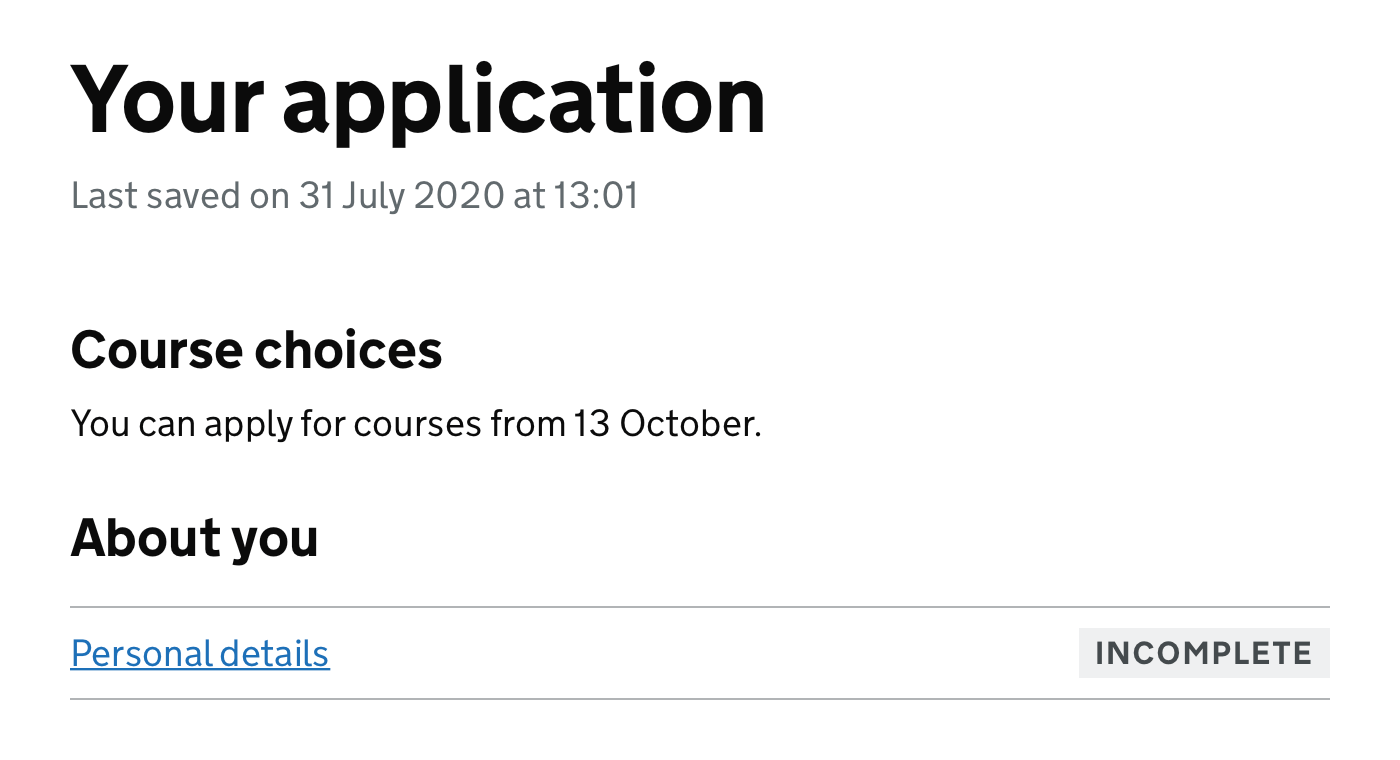 Application page informing candidates when courses can be chosen.