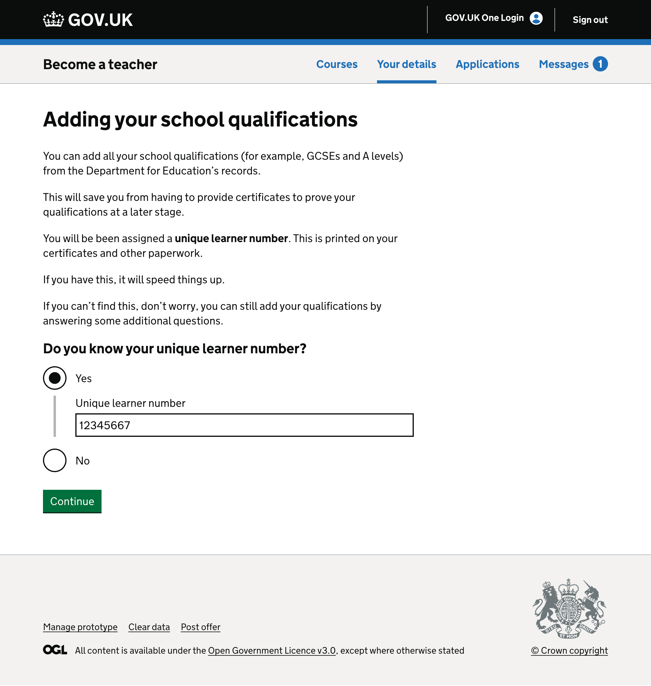 Screenshot showing a page asking for a unique learner number