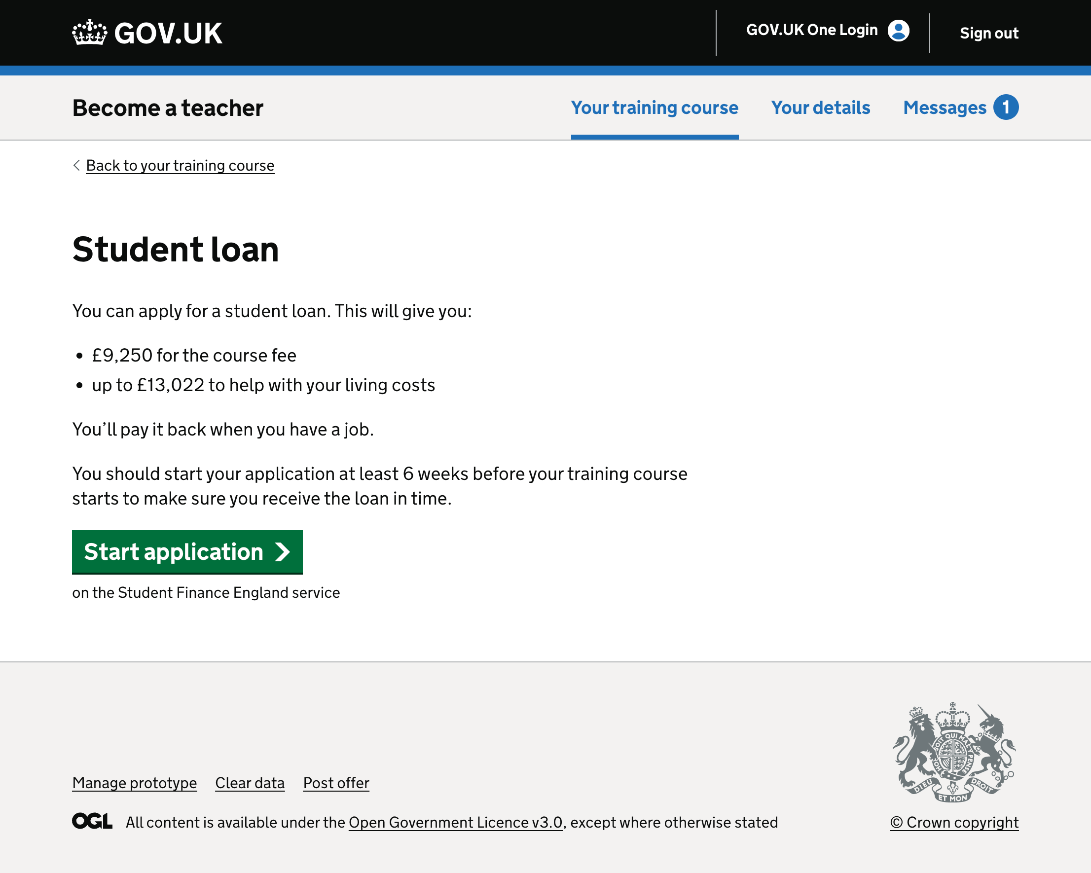 Screenshot inviting trainees to apply for a student loan