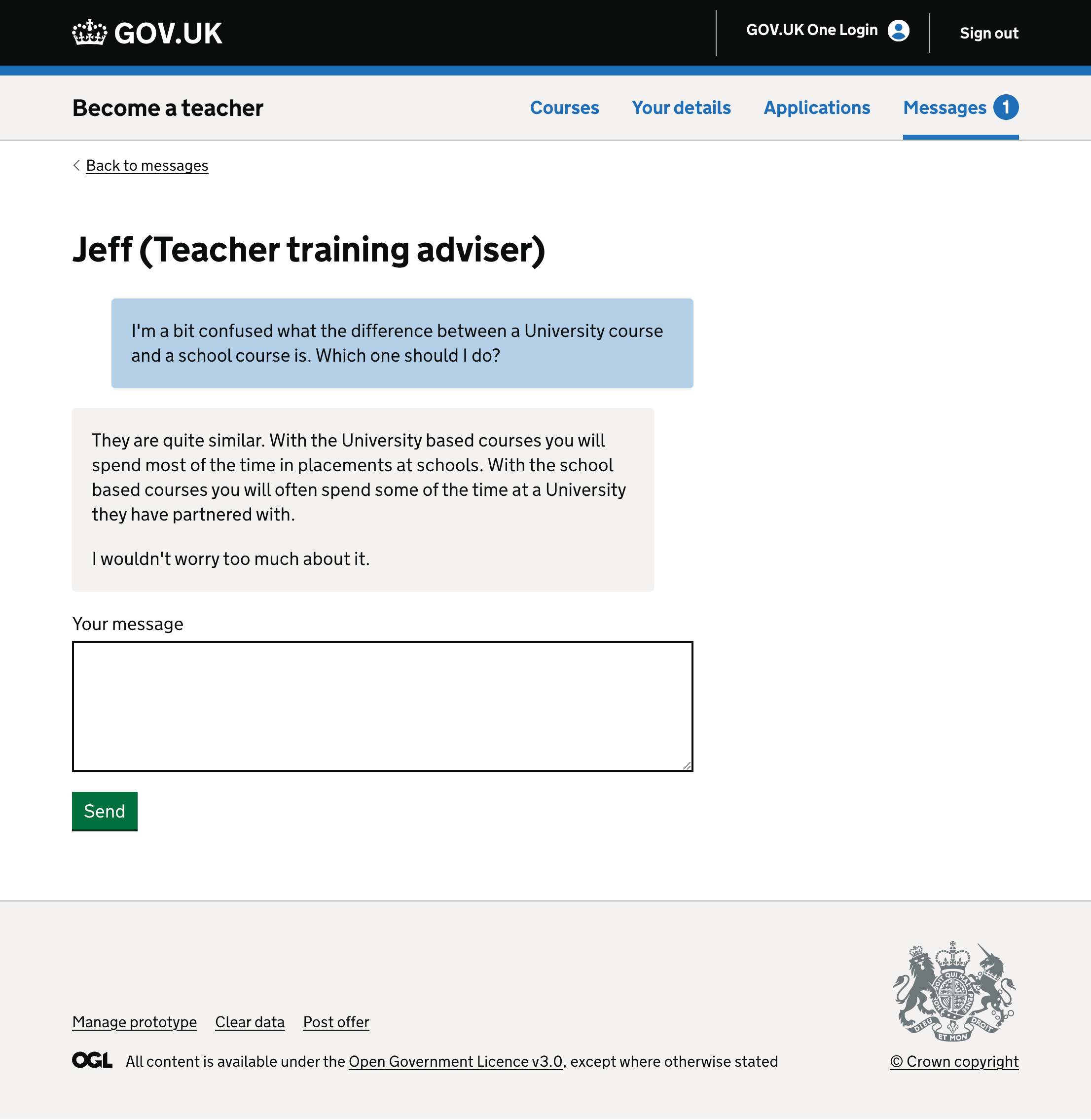 Screenshot showing a page with messages to and from a teacher tranining provider