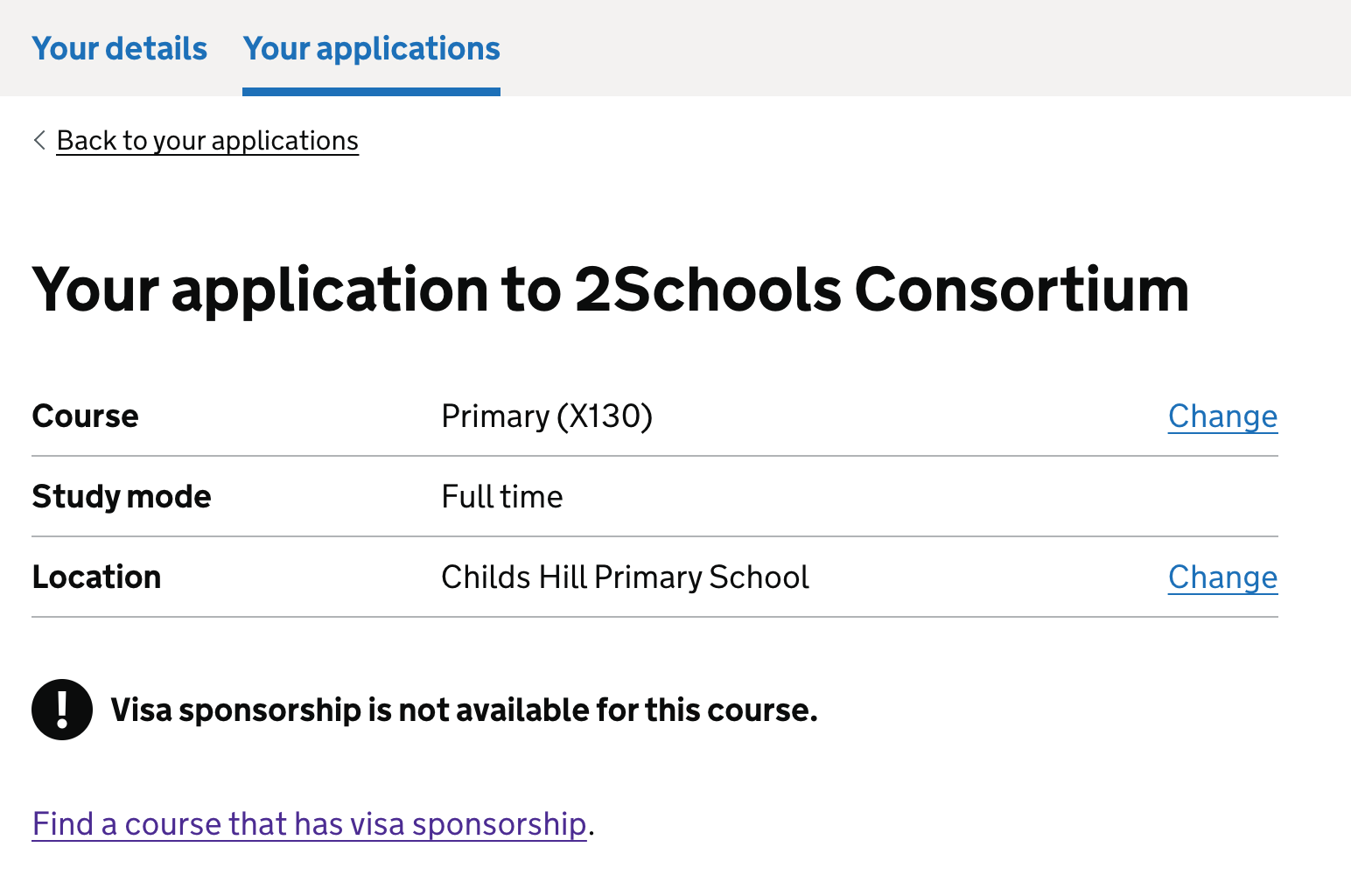 Screenshot of the summary of the provider and course a candidate is applying to in a summary list. Below this is content telling the candidate they cannot submit their application because the course does not sponsors visas.