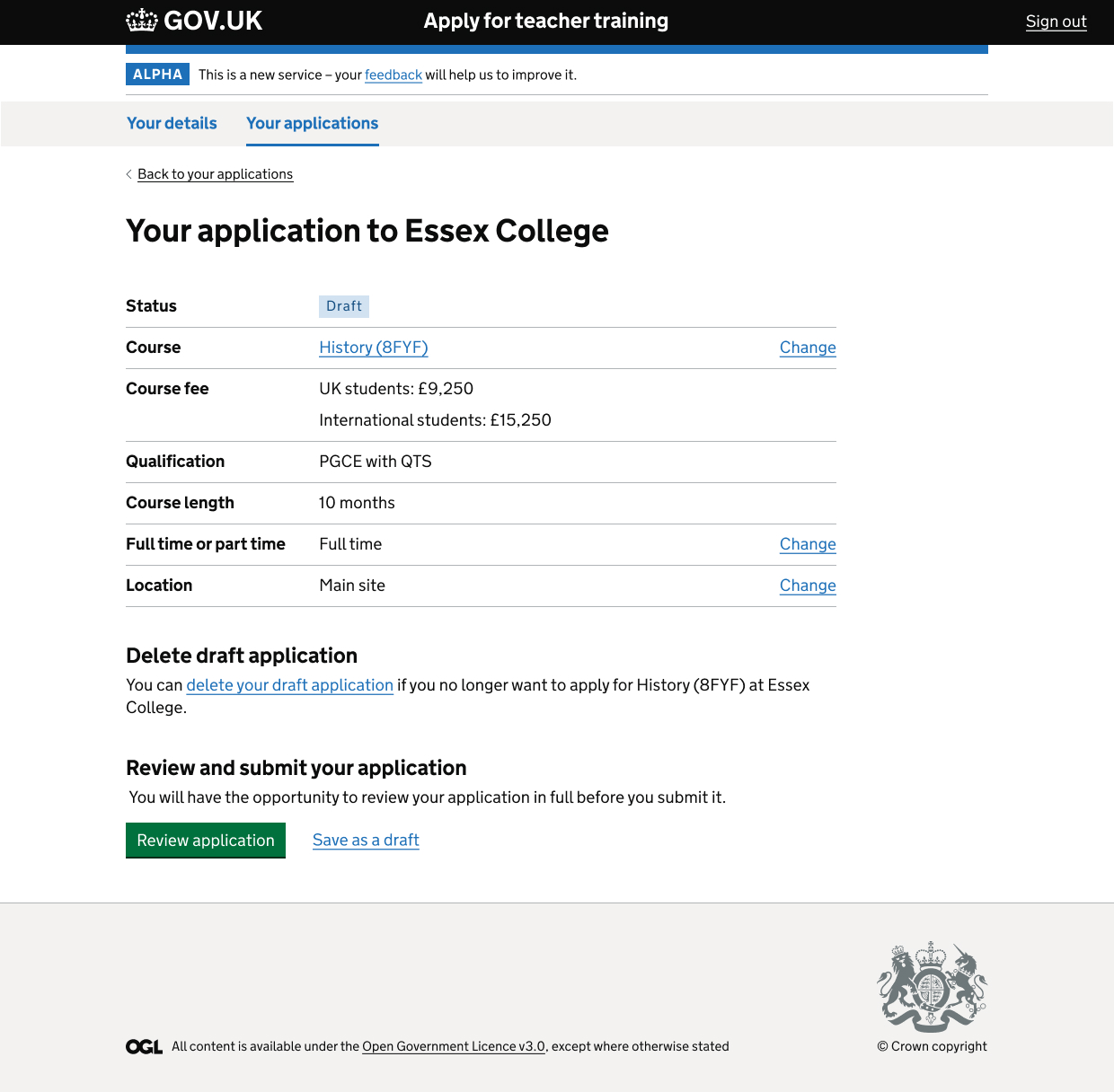 Screenshot of draft application page before a candidate reviews and submits their application, showing all course information including UK and International course fees