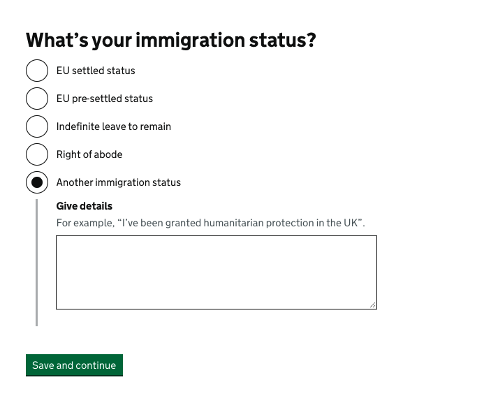 Screenshot showing the question 'What's your immigration status?' when 'Another immigration status' is selected.