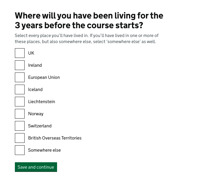 Screenshot showing the question 'Where will you have been living for the 3 years before the course starts?' showing the list of places for EU nationals with EU pre-settled status.