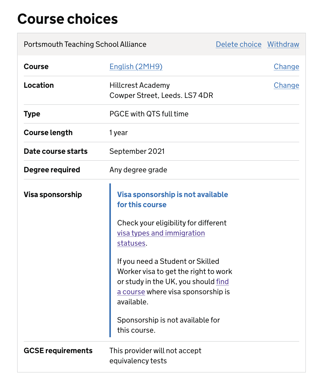 Screenshot showing warning message when a course without visa sponsorship has been selected and user has selected that they do not yet have the right to work or study in the UK.