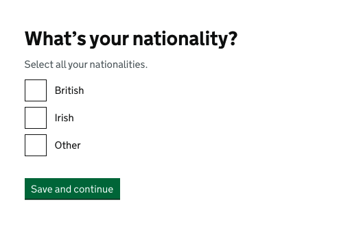 Screenshot showing the question 'What's your nationality?'