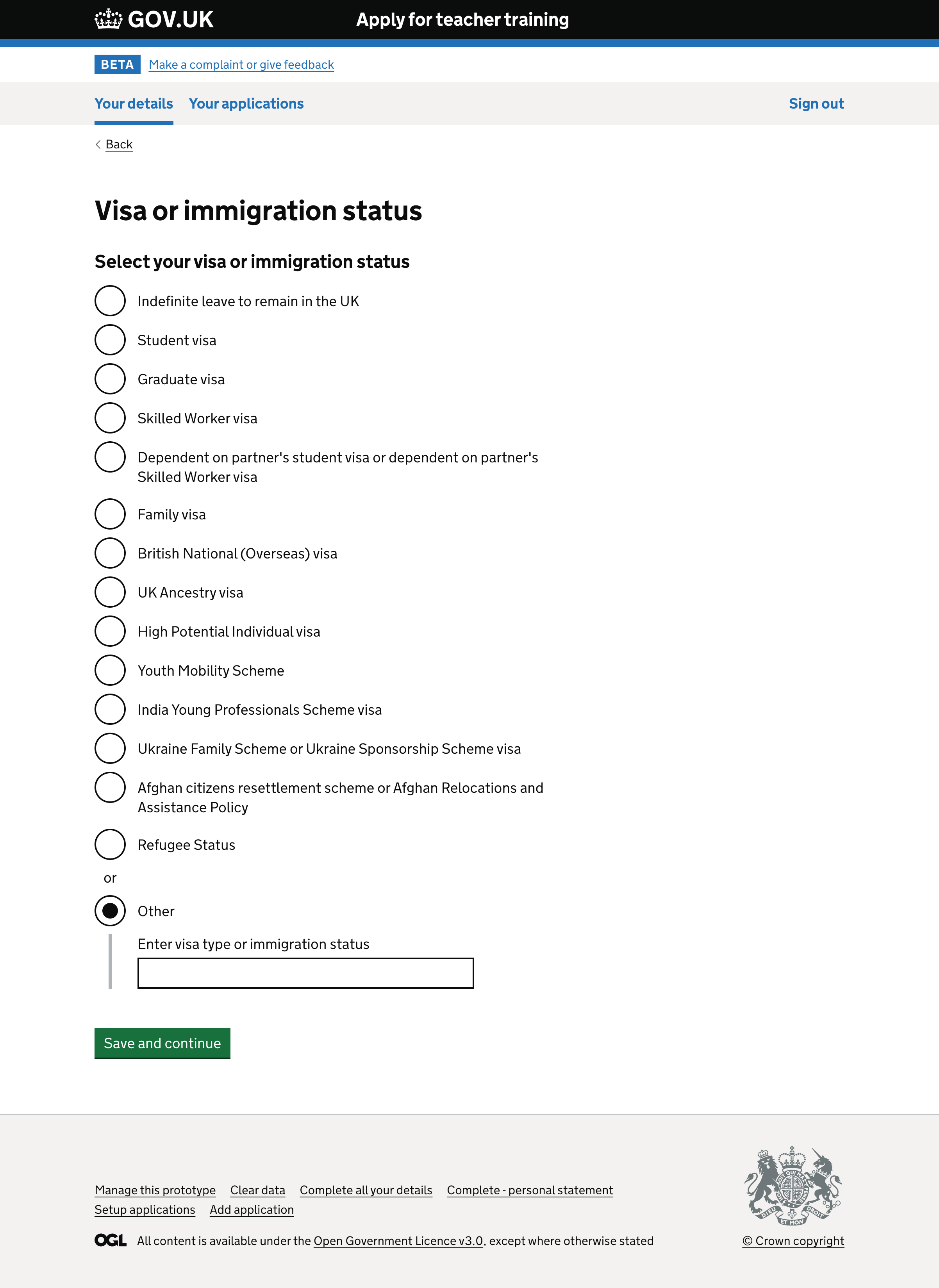 Screenshot of visa or immigration status page showing multiple radio button options for non- European economic area users