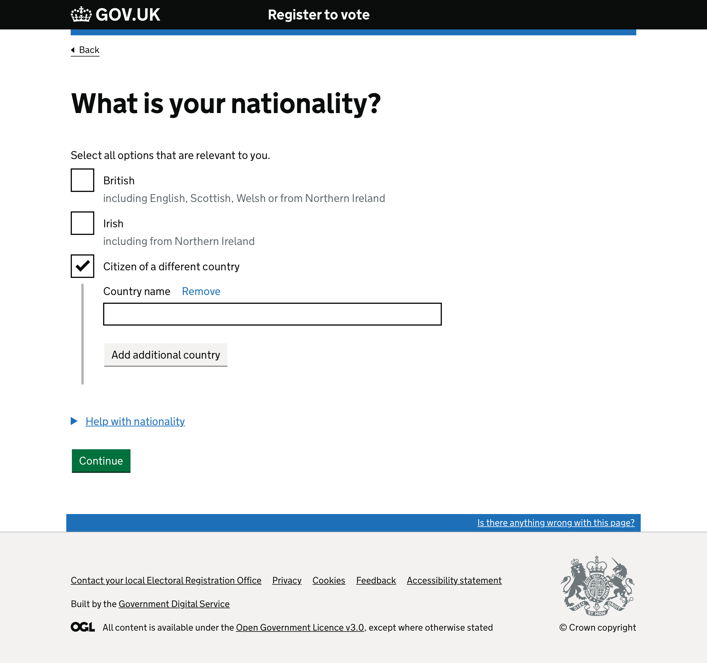 Screenshot of ‘What is your nationality’ question on the Register to vote service.