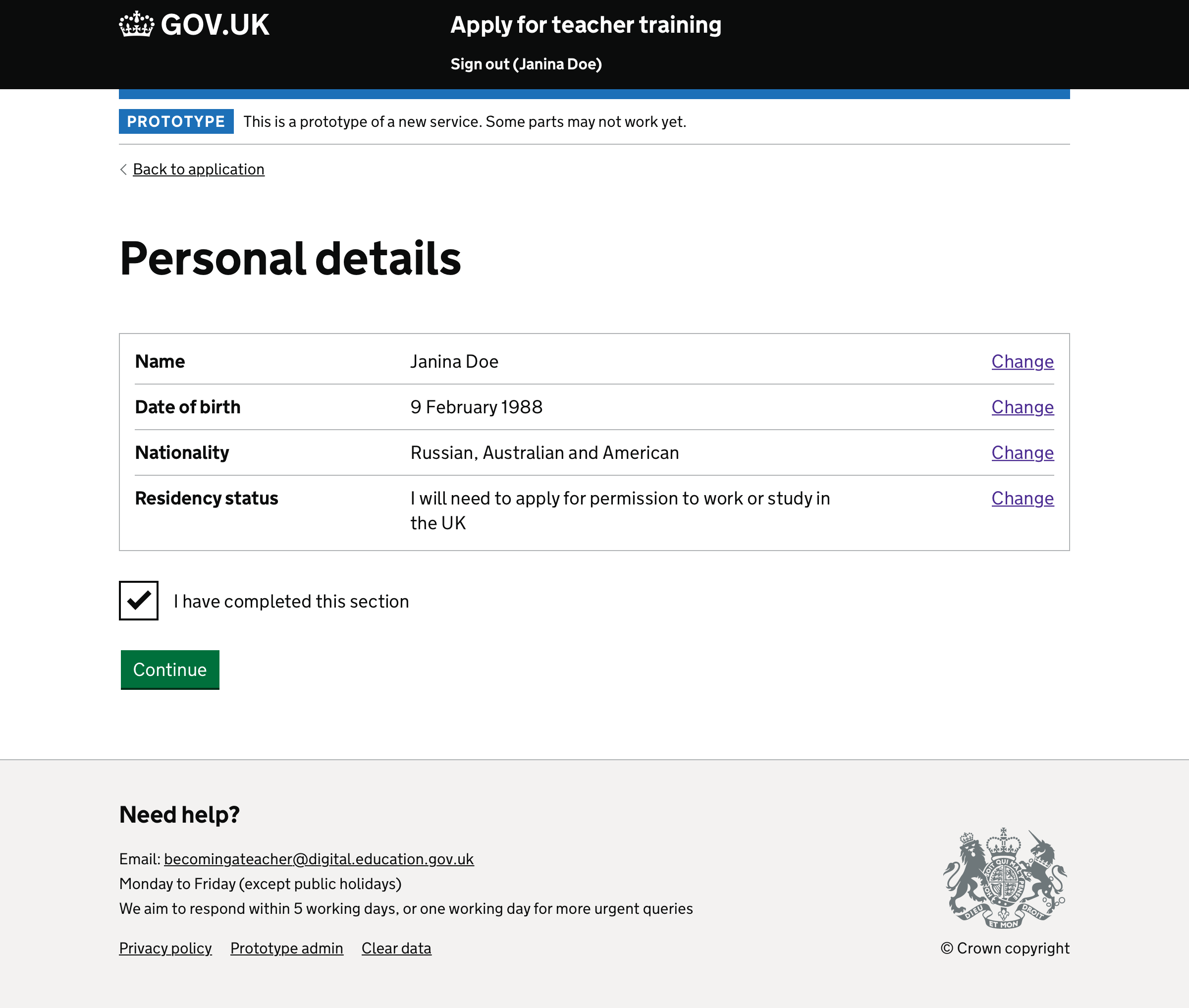 Screenshot of ‘Personal details’ review page