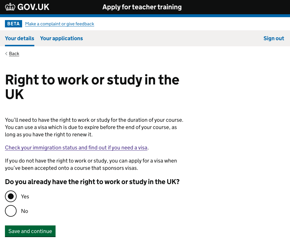 Screenshot of the new right to work or study page in Apply.