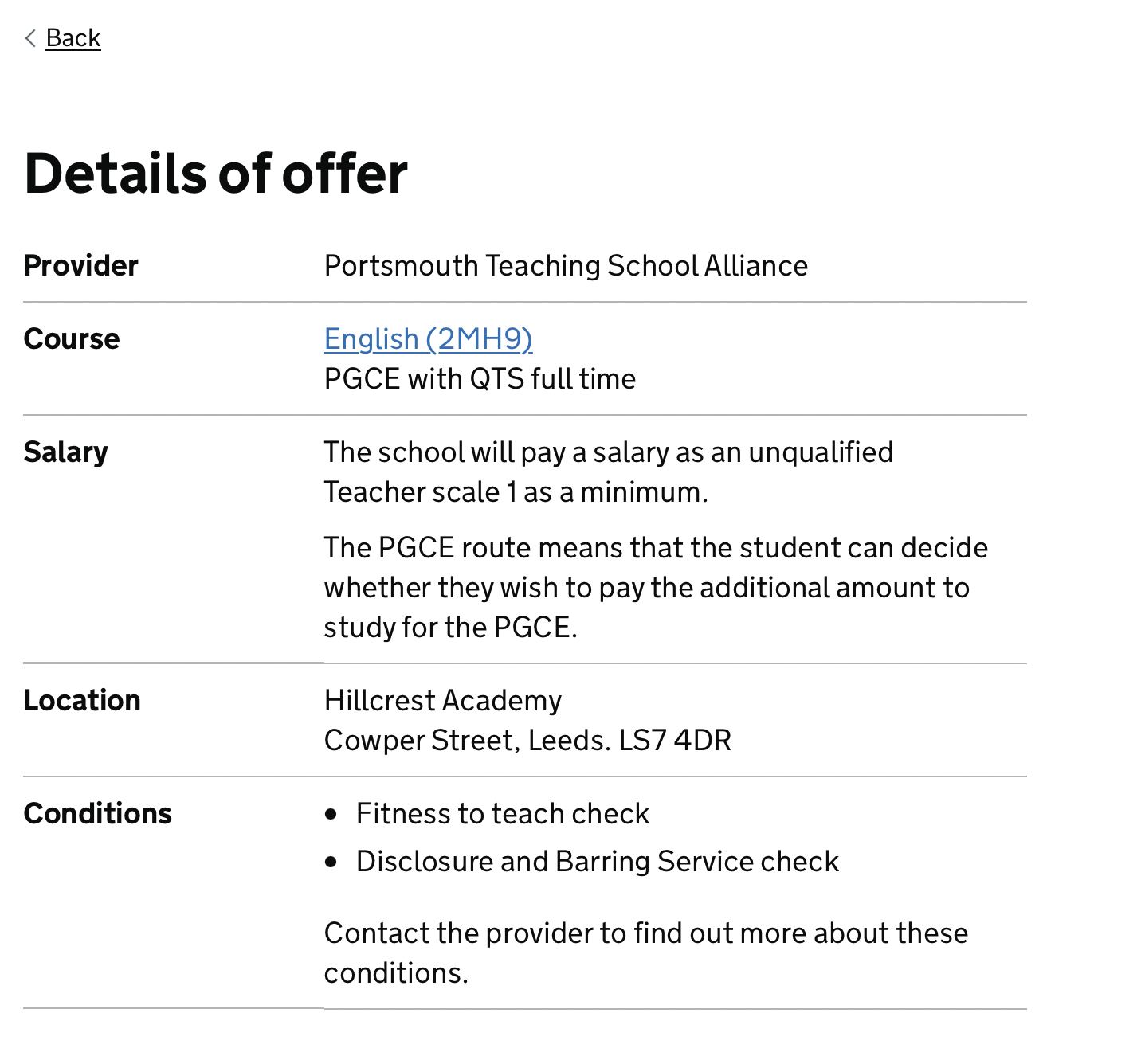 Screenshot showing a ‘Details of offer’ heading, under which the salary is listed as “The school will pay the salary as an unqualified teacher scale 1 as a minium.”
