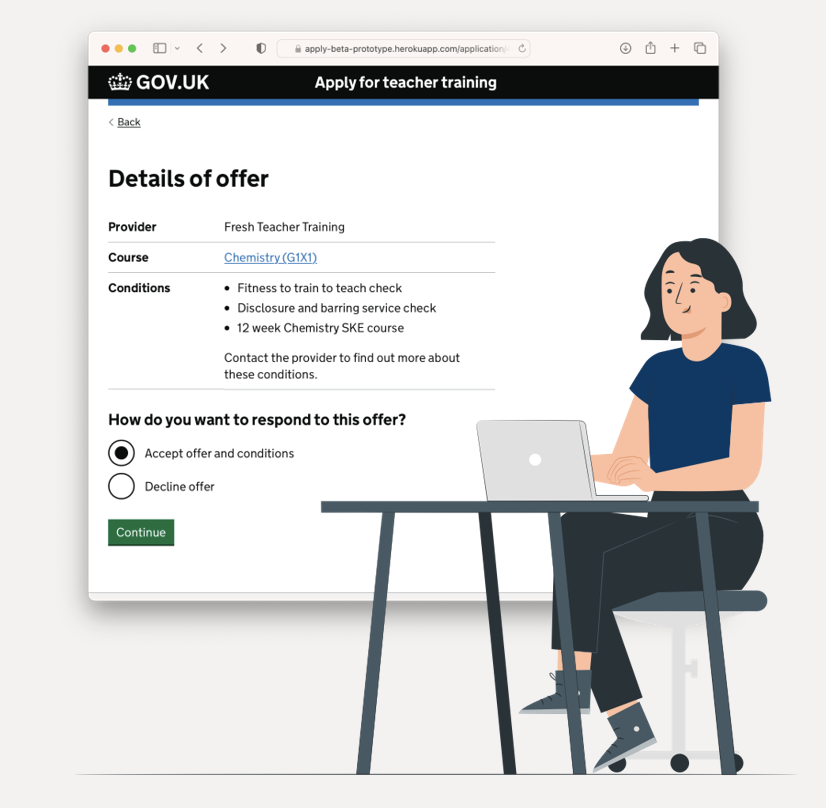Illustration of a woman sitting at a table with her laptop in front of her. Behind her it shows a page from the teacher training application form. The page shows the woman accepting an offer for teacher training.