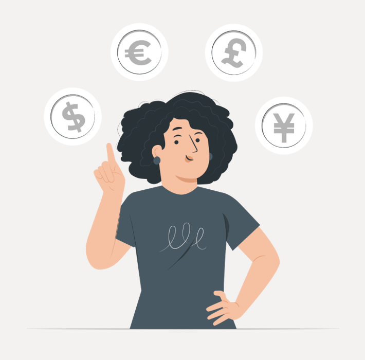 Illustration of a woman who looks happy. Around her head are icons of different currencies like the dollar, pound and euro.