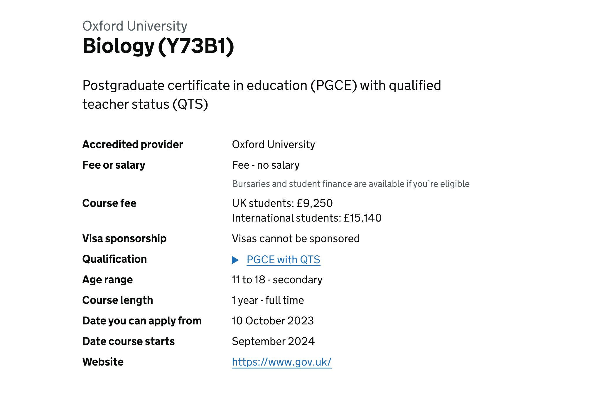 Screenshot of new course fee addition for both UK and international candidates on an example course page