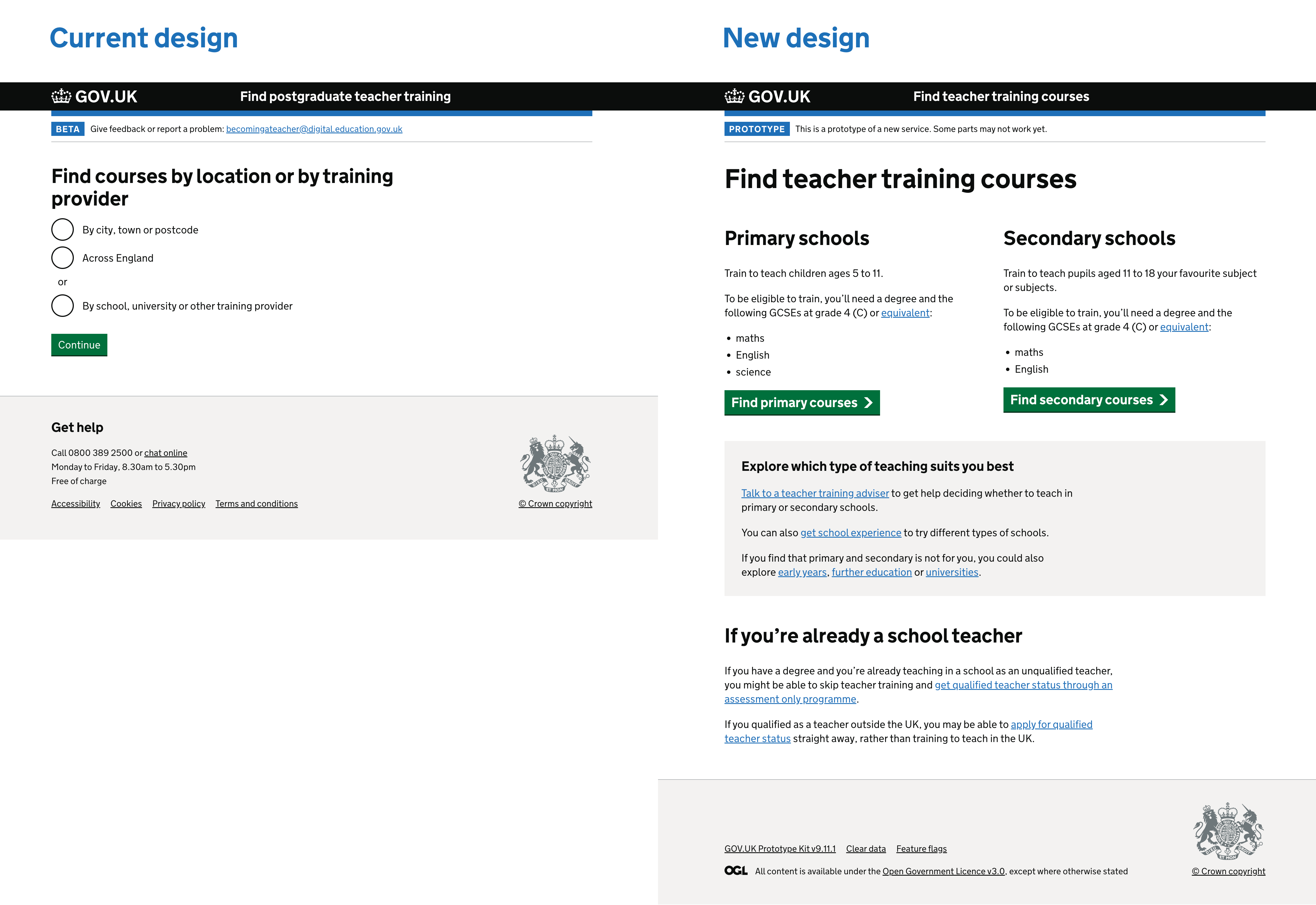 Screenshots showing old and new designs for the homepage, with the old design containing a 3 radio button options and the new design showing more content, two green buttons labelled 'Find primary courses' and 'Find secondary courses' and further links below
