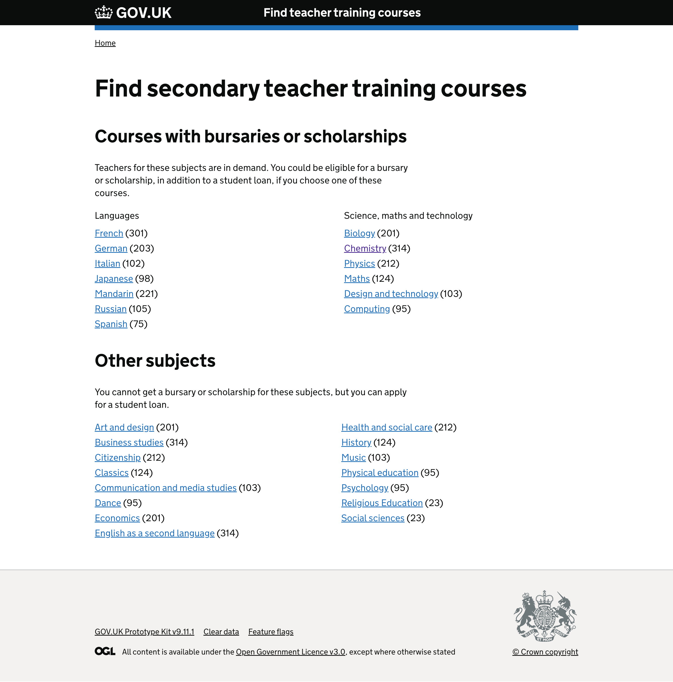 Screenshot showing page titled 'Find secondary teacher training courses' with a list of subjects