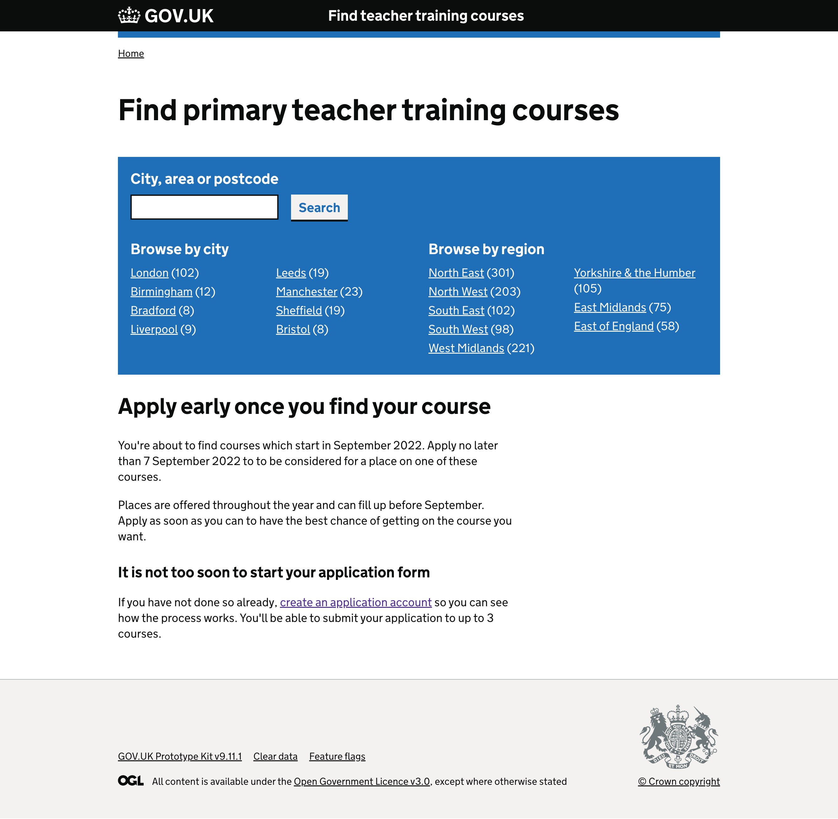 Screenshot showing page titled 'Find primary teacher training courses'