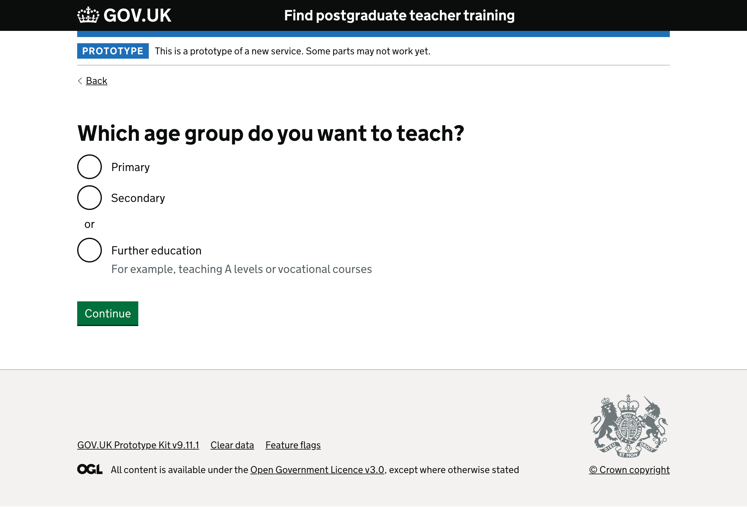 Screenshot of new page askind users what age group they are interested in teaching