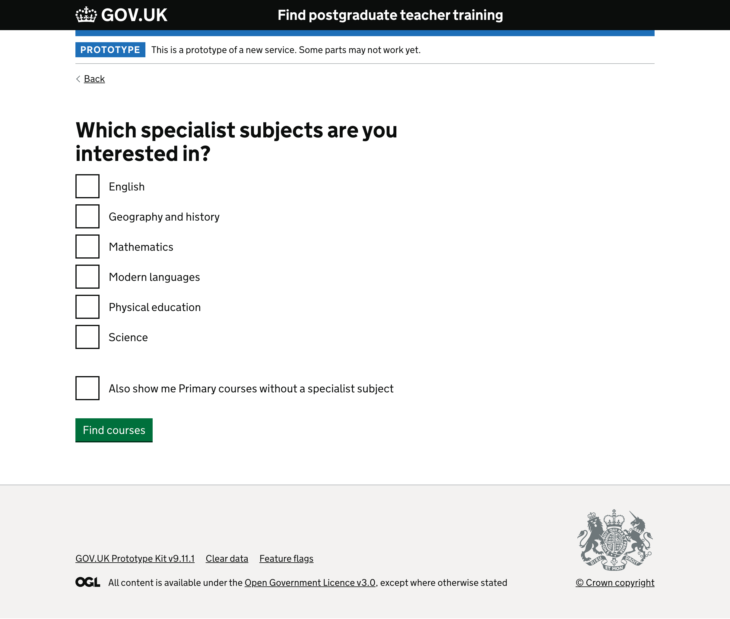 Screenshot of the new page asking users what specialist subjects they are interested in