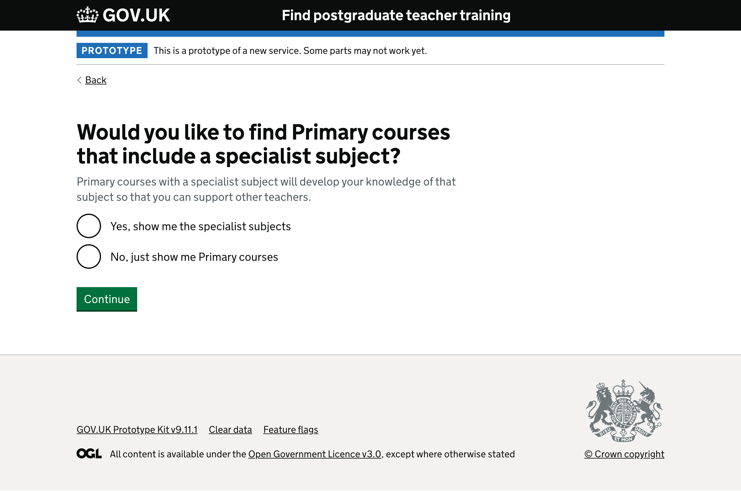 Screenshot of the new page asking users if they would like to find Primary courses that include a specialist subject