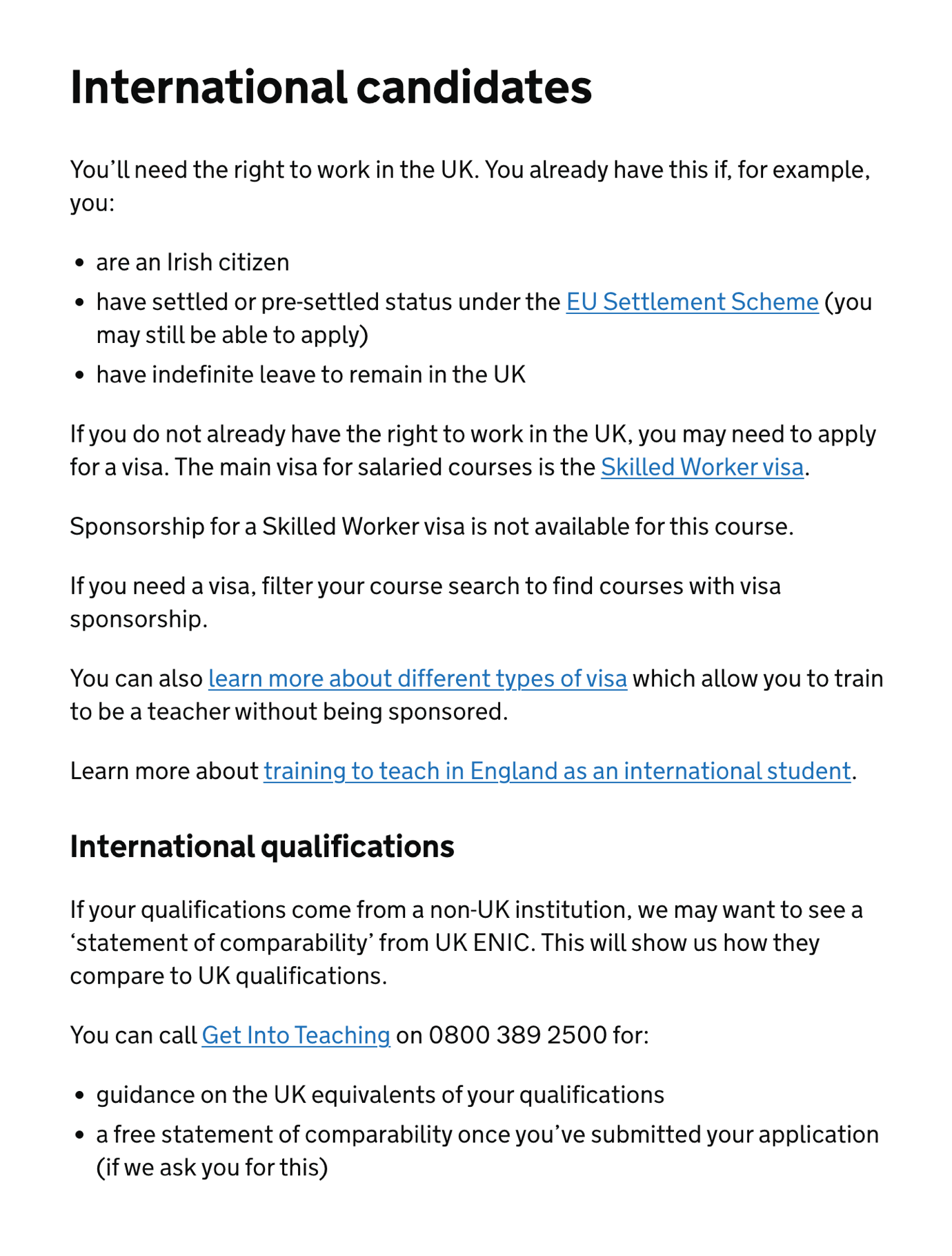 International candidates - salaried courses