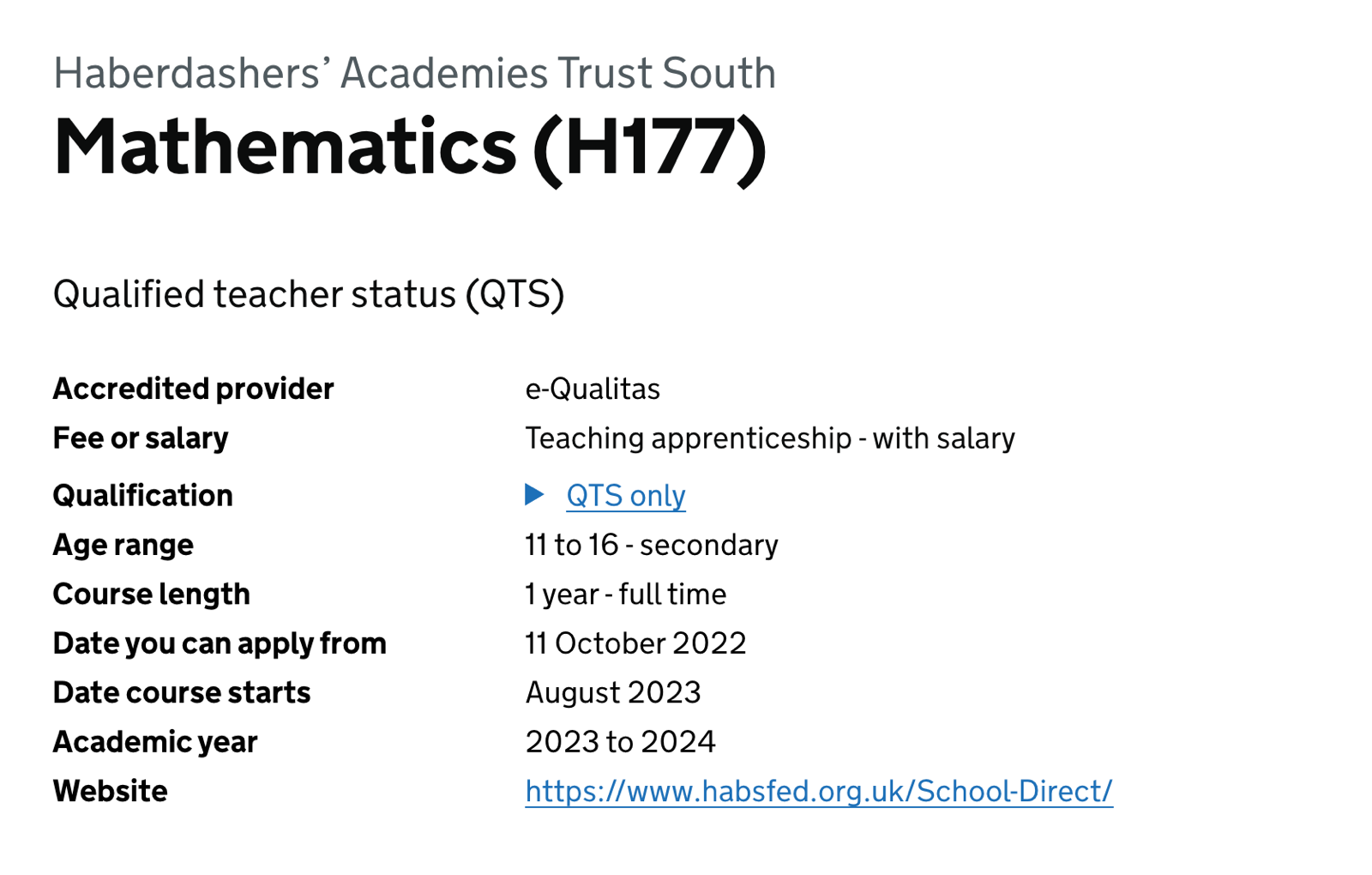 Course summary details showing teaching apprenticeship funding type