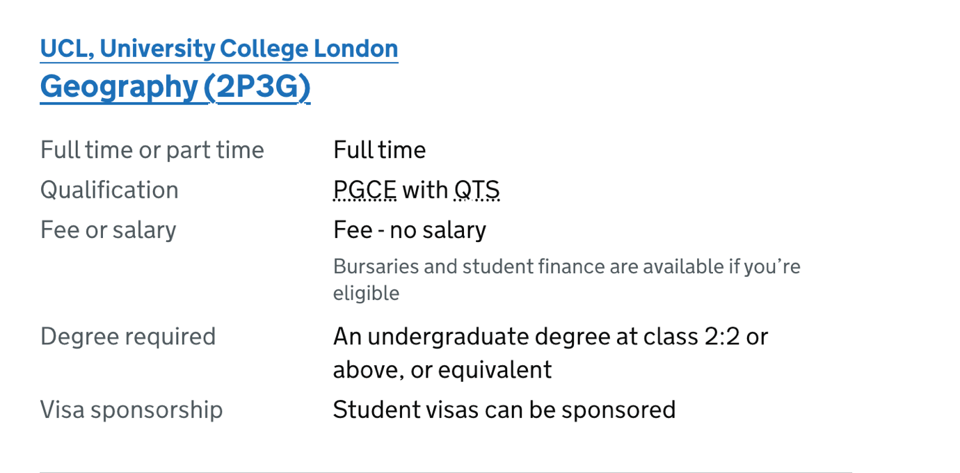 Course list item showing fee funding type and bursary hint text