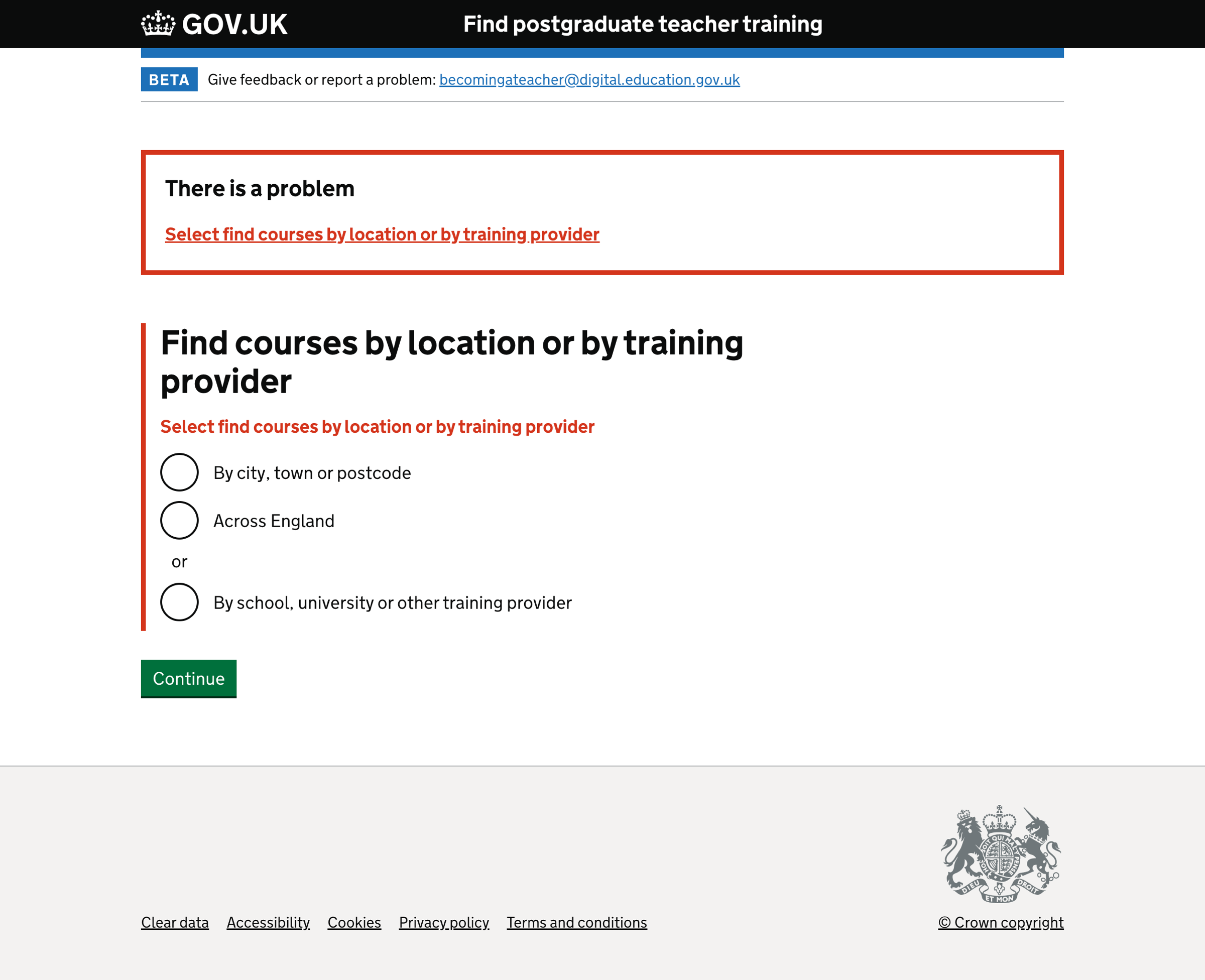 Find courses by location or training provider error message