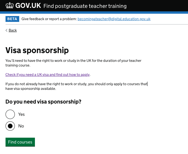 Screenshot of the new question asking about visa sponsorship in the find a course flow.