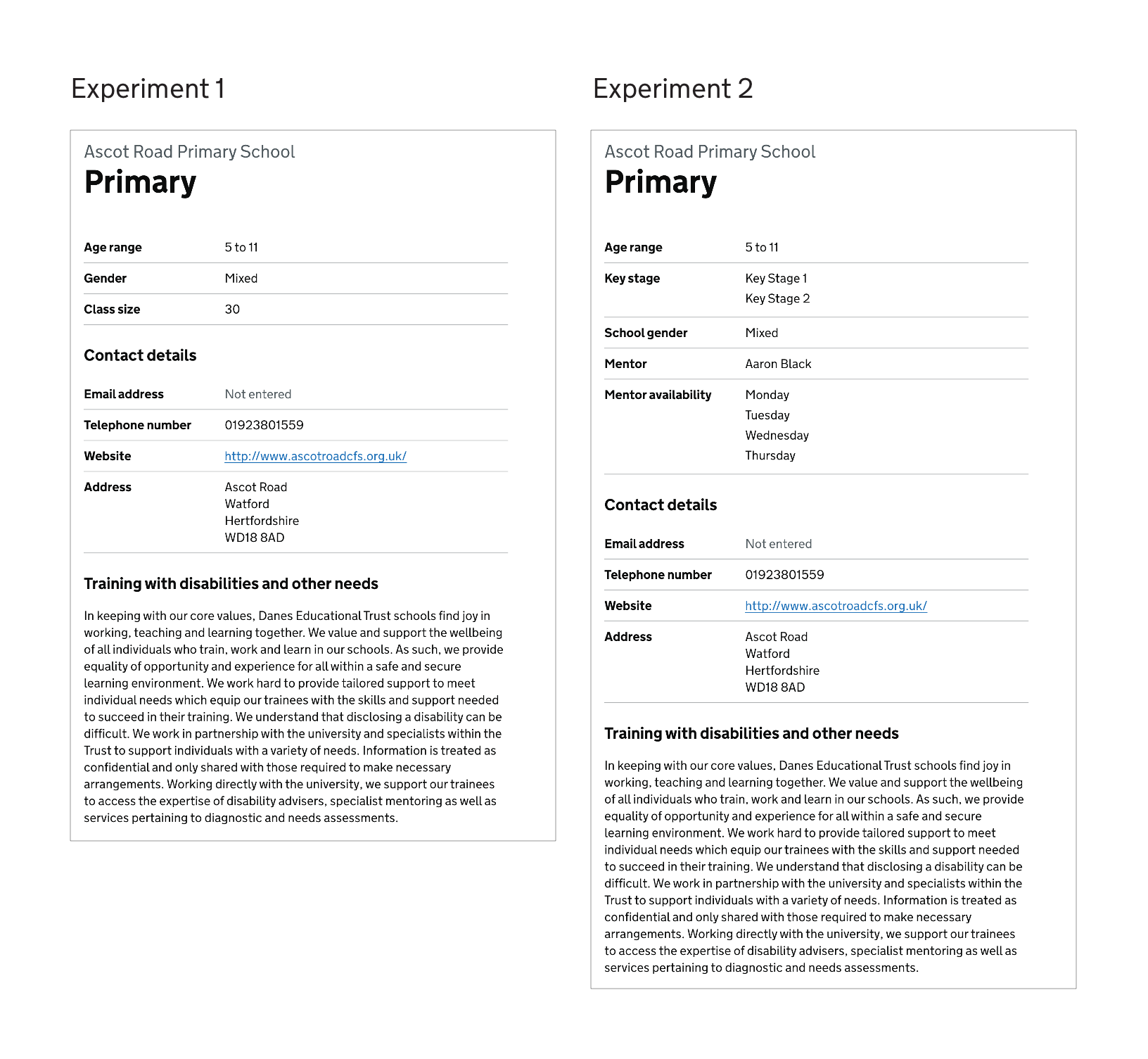 Image showing the change in the details page content and layout between experiments 1 and 2