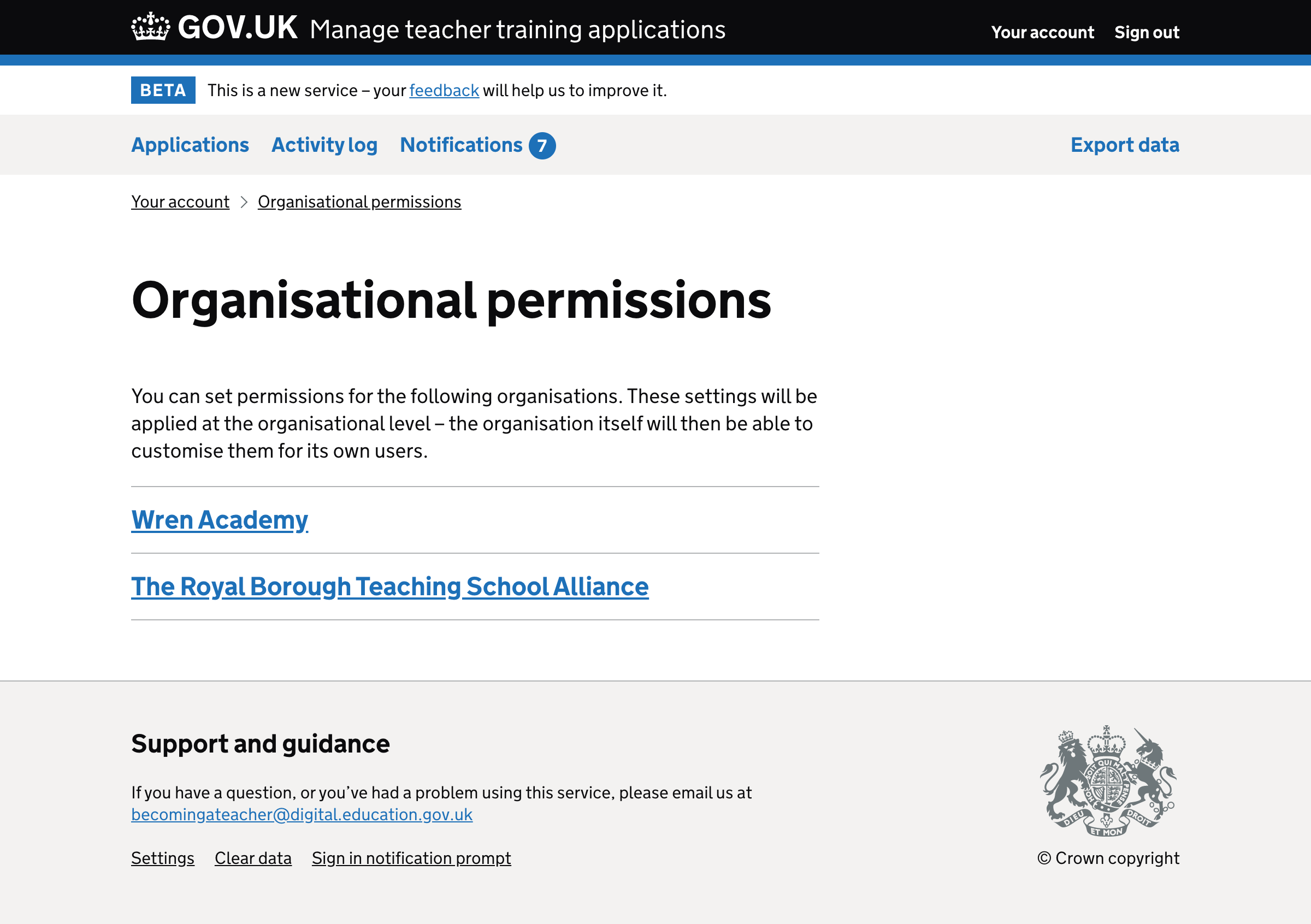 Screenshot of ‘Organisational permissions’ page.
