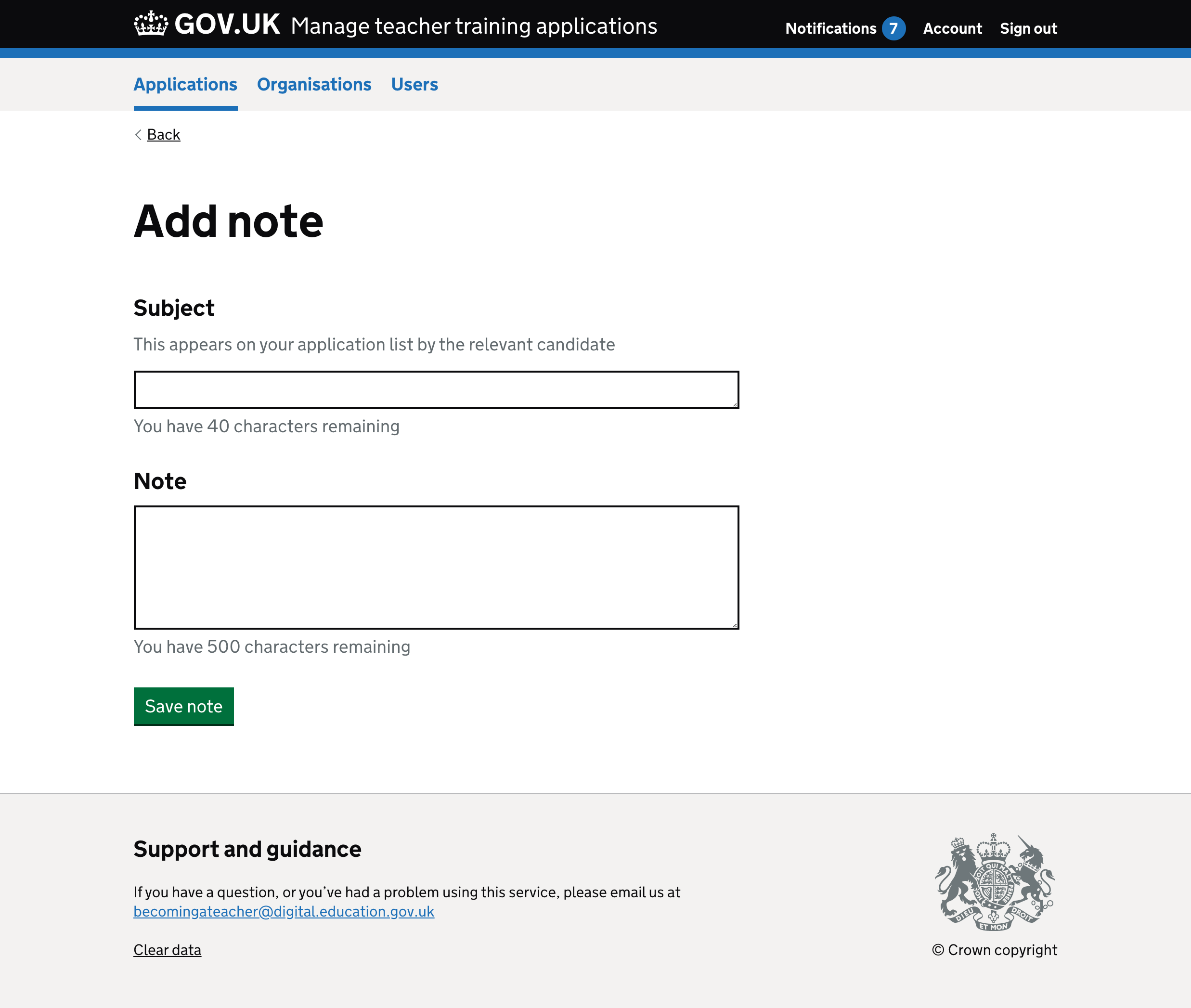 Screenshot of ‘Add note’ form.