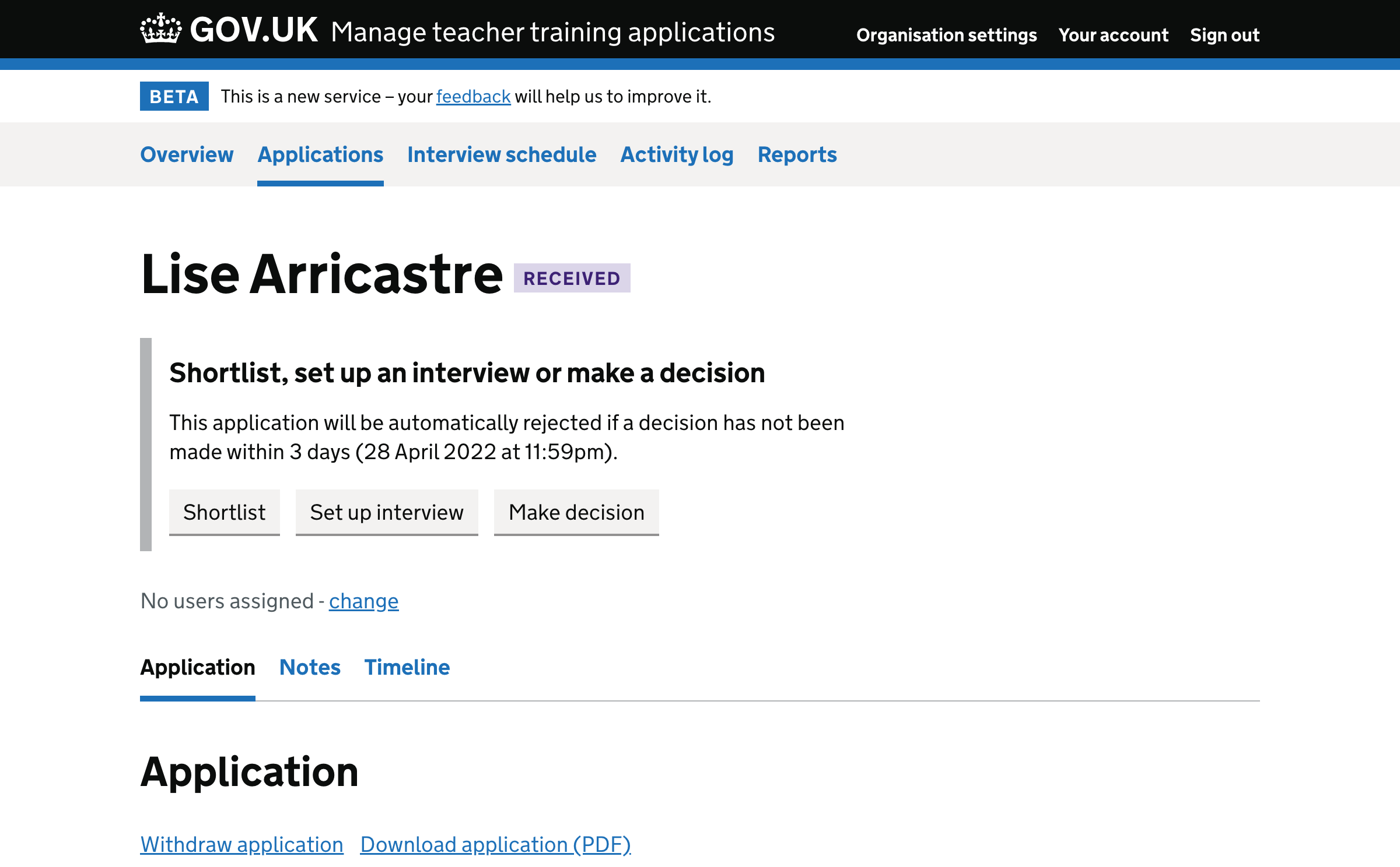 Screenshot of current application details page with shortlisting feature added