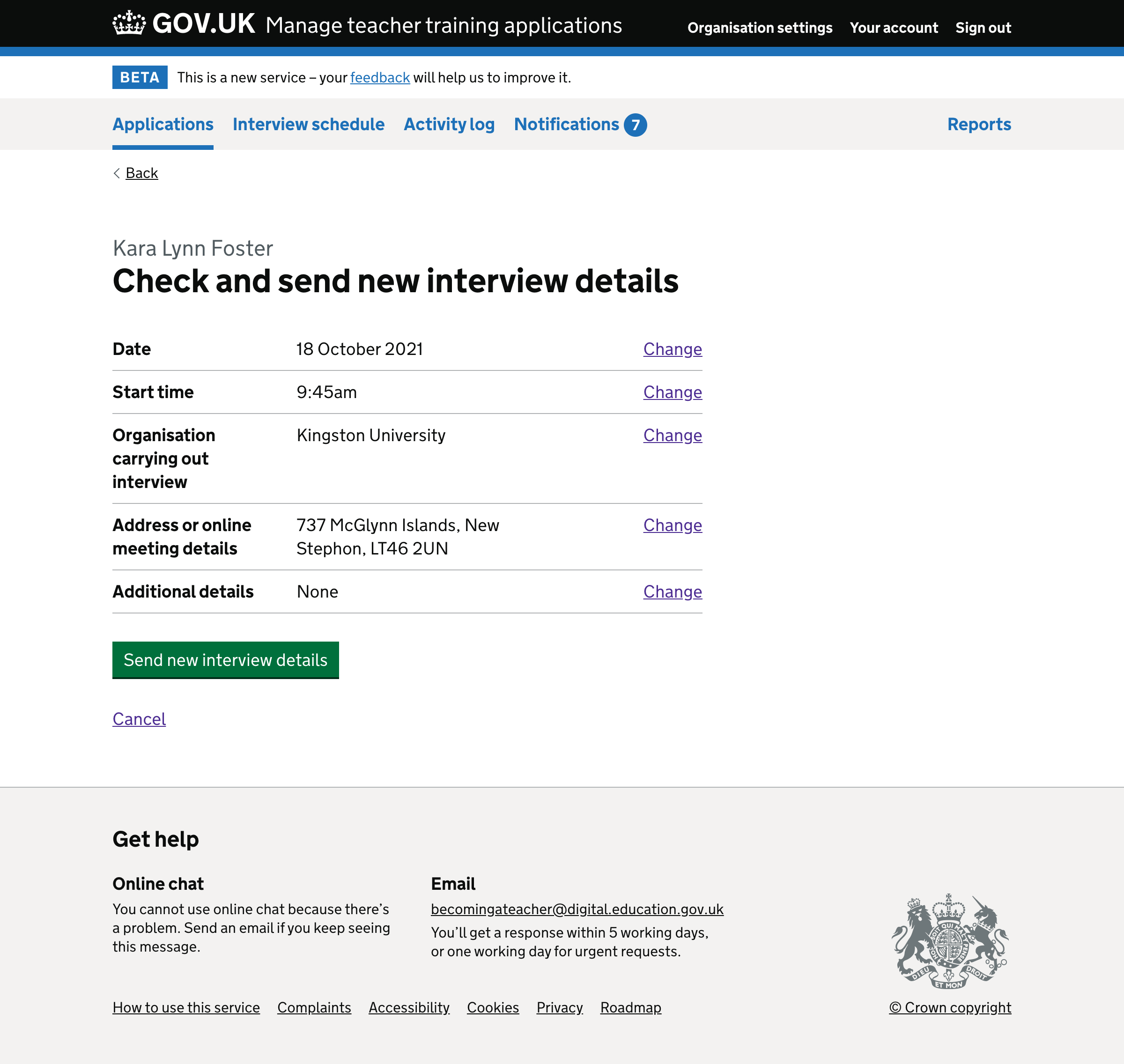 Screenshot of Changing interview details - check answers