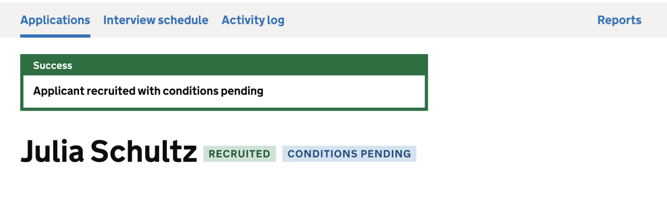 Screenshot of the candidate application in Manage showing their name and a blue status saying conditions pending and a green status saying recruited