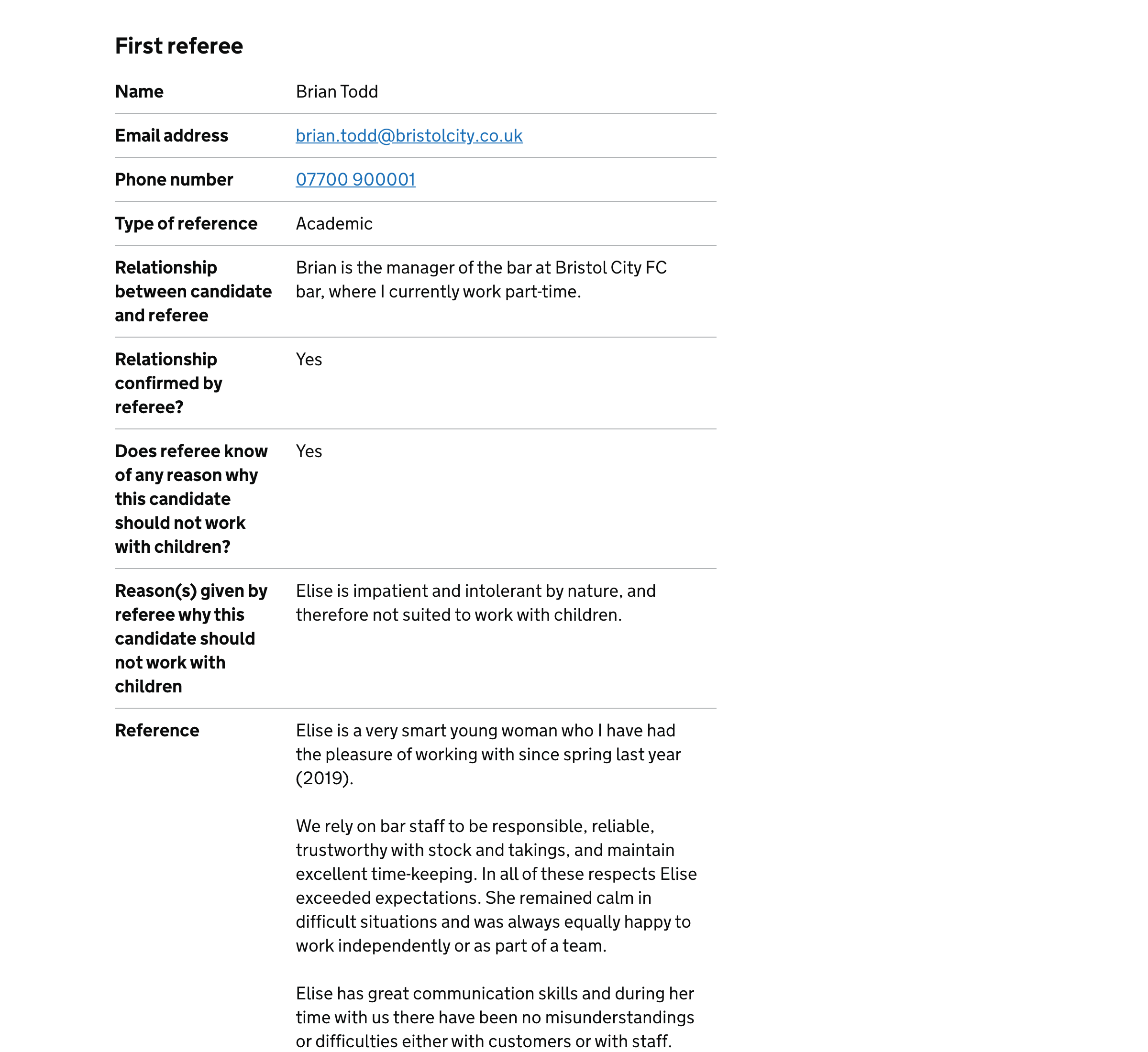 Screenshot of ‘First referee’ section of application form.