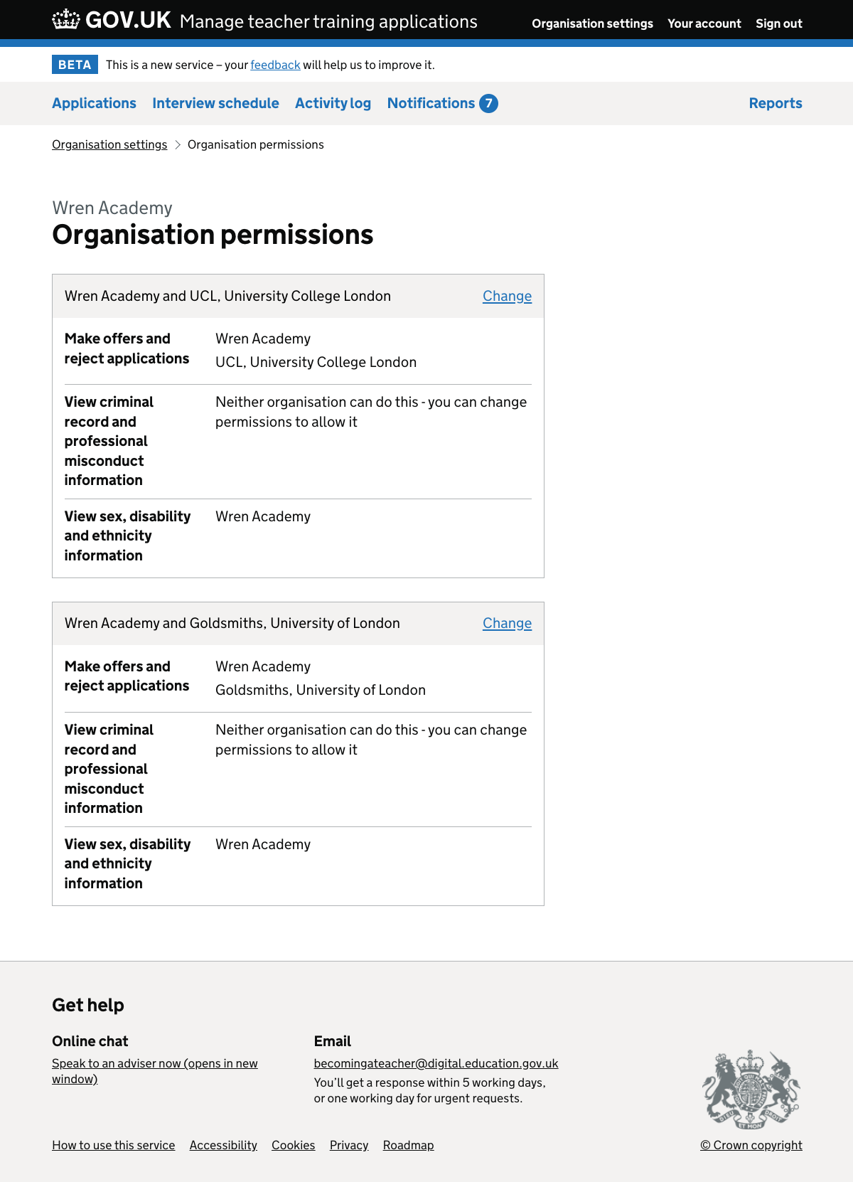 Organisation permissions page