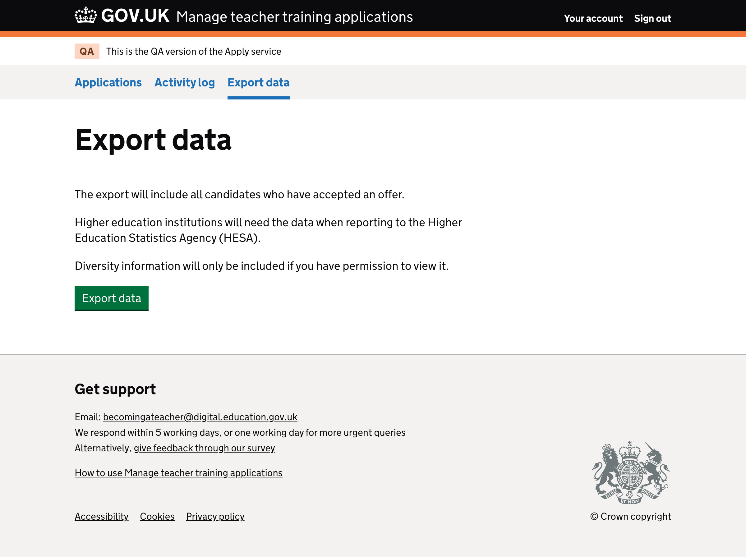 Screenhost of export page for HESA data.