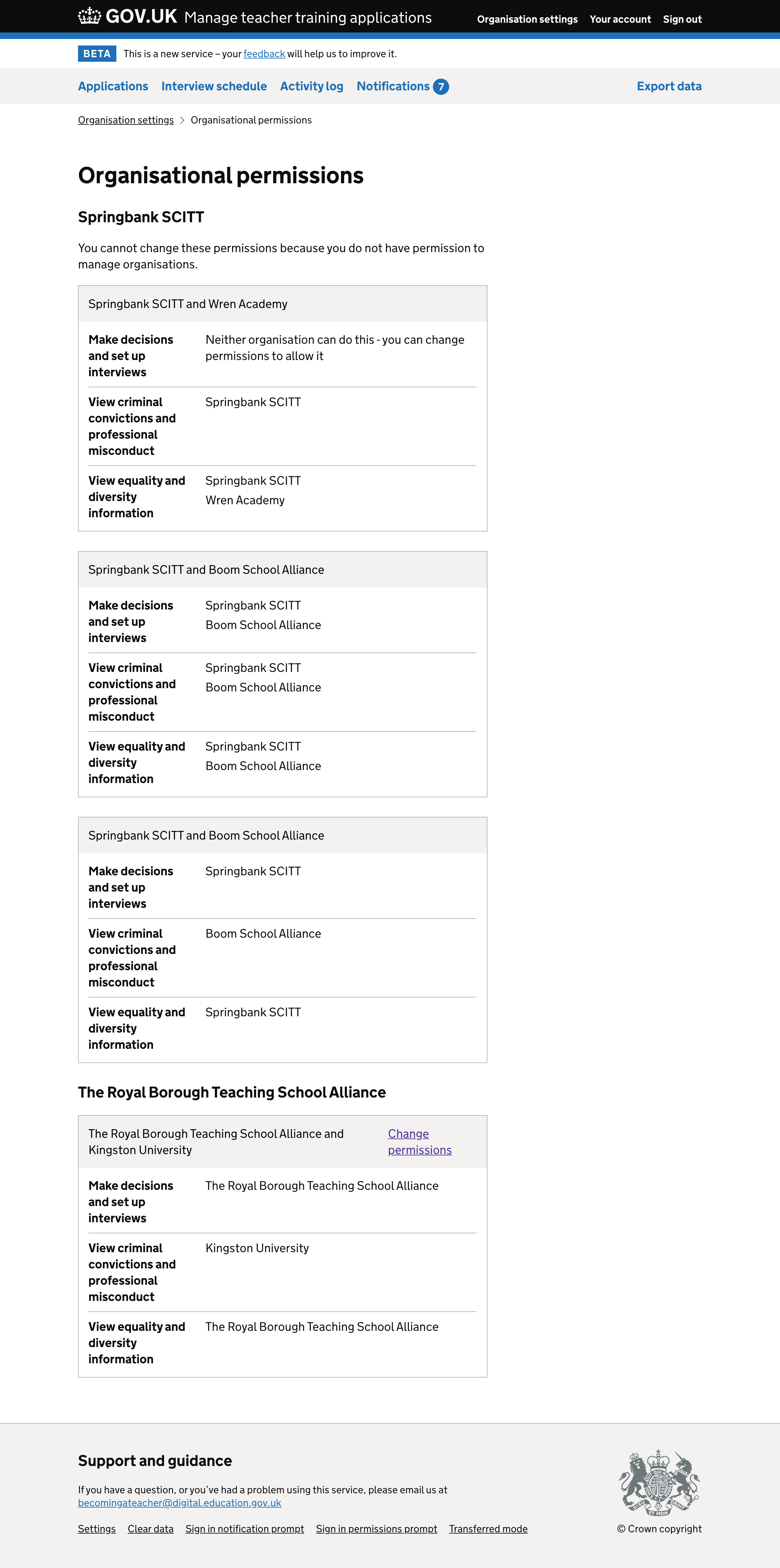 Screenshot of organisational permissions page.