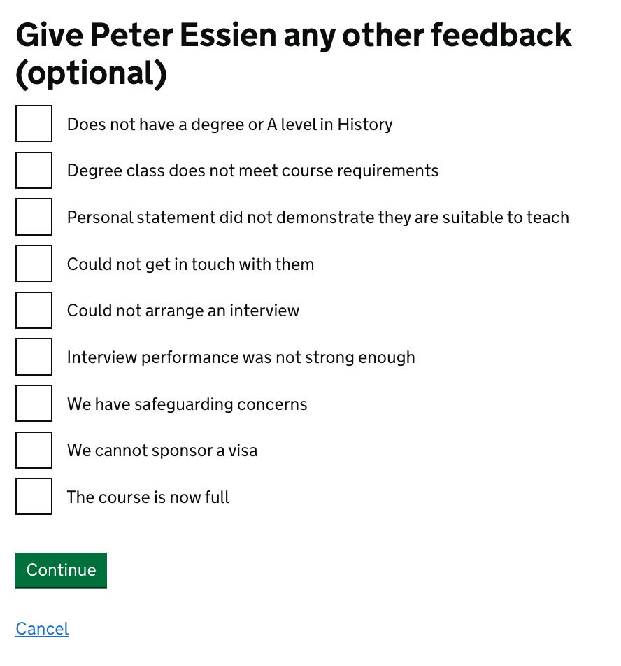 Screenshot showing a page with the heading 'Give Peter Essien any other feedback (optional)'. Beneath this is a set of 9 checkboxes labelled with different reasons. Beneath this is a green ‘Continue’ button.'